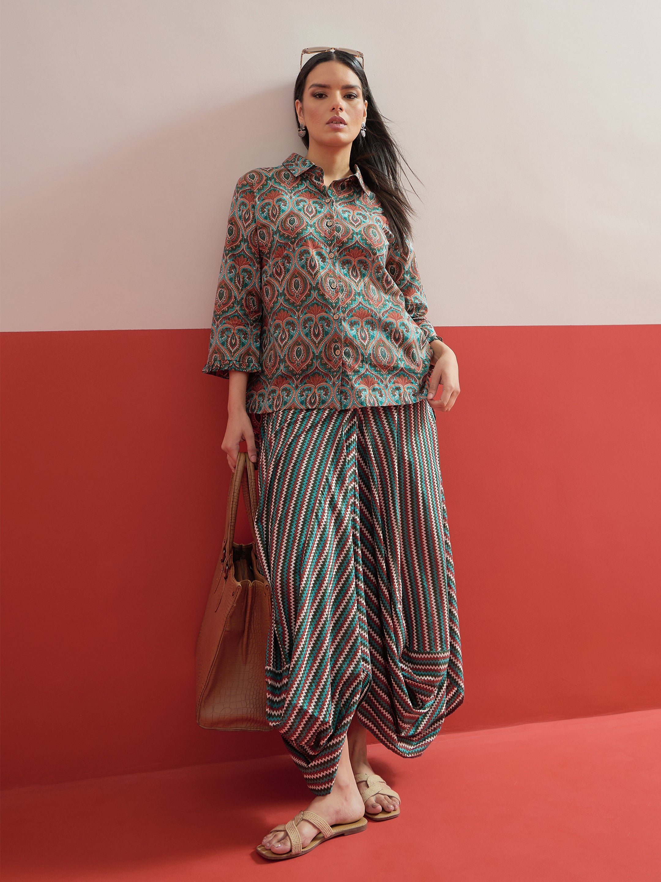 Green Floral Button Down Top With Dhoti Skirt