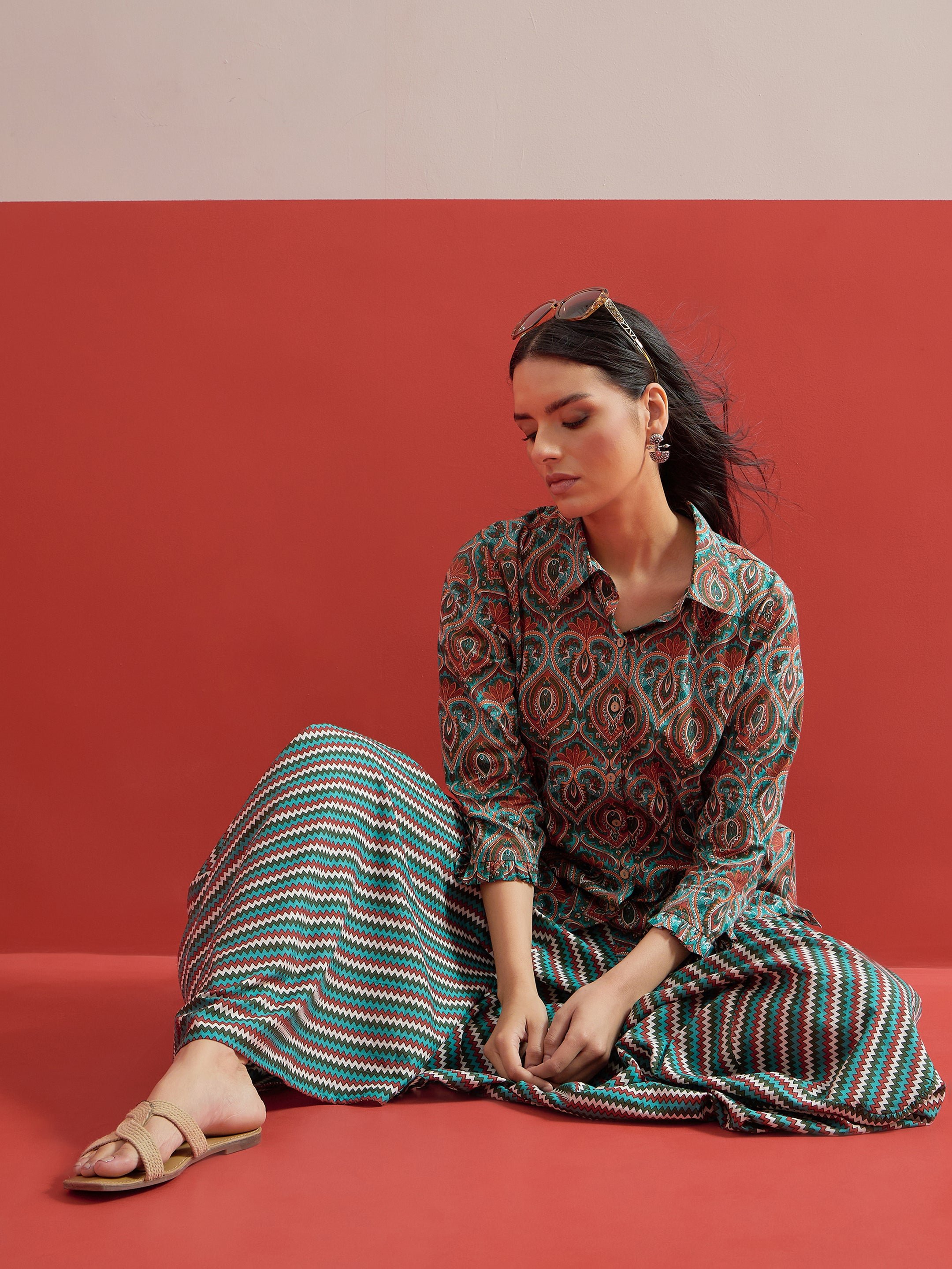Green Floral Button Down Top With Dhoti Skirt