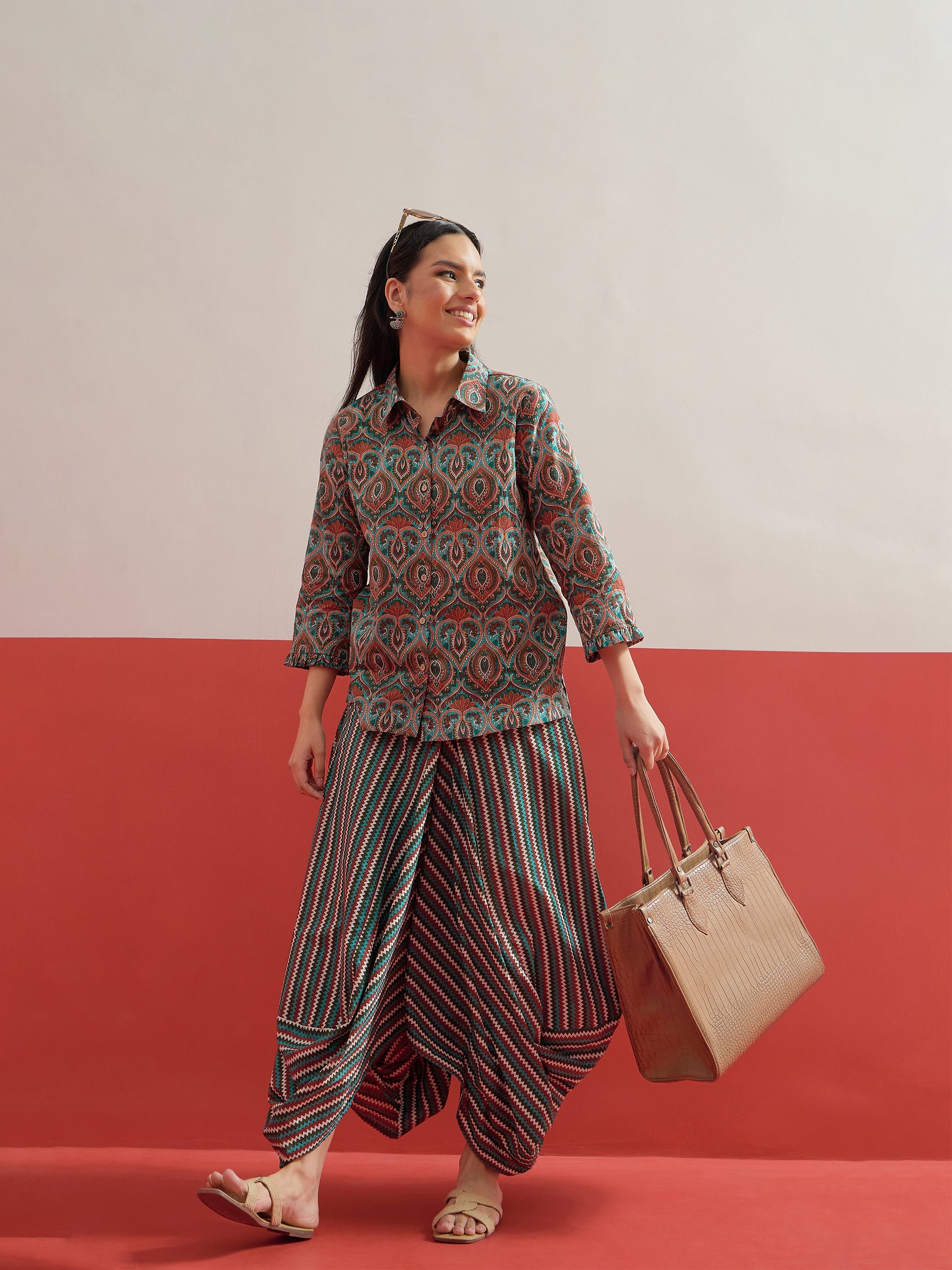 Green Floral Button Down Top With Dhoti Skirt