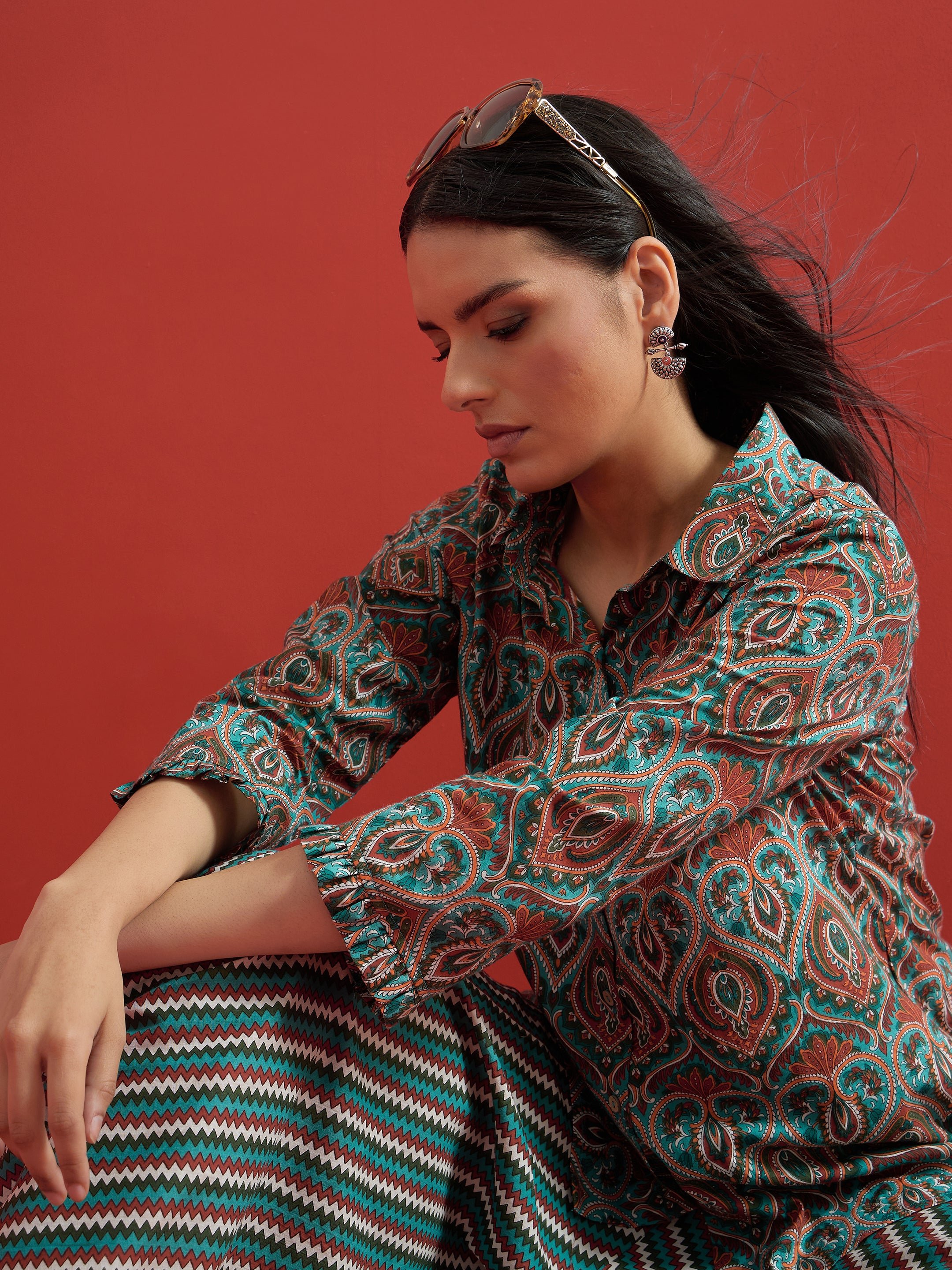 Green Floral Button Down Top With Dhoti Skirt