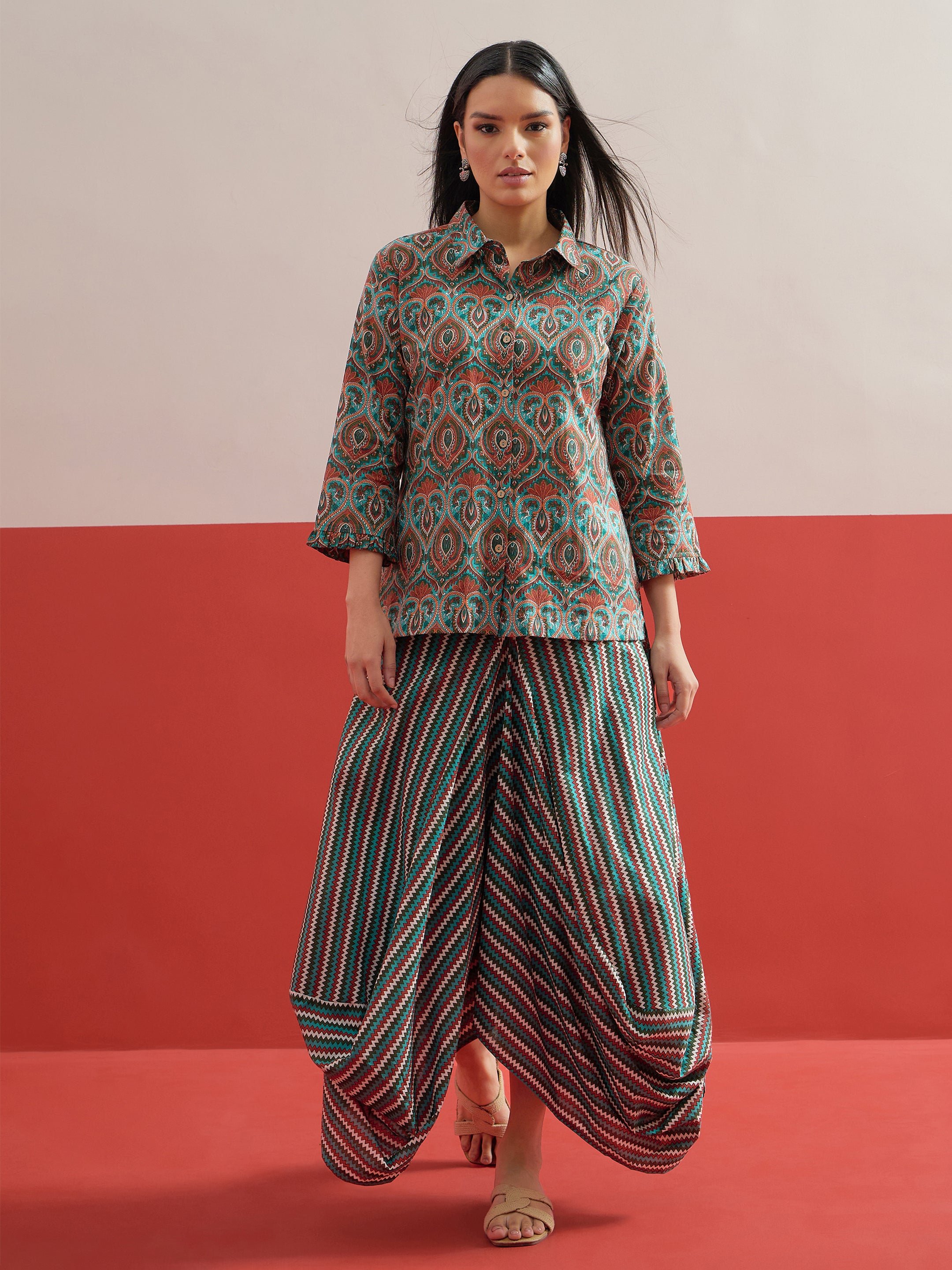 Green Floral Button Down Top With Dhoti Skirt
