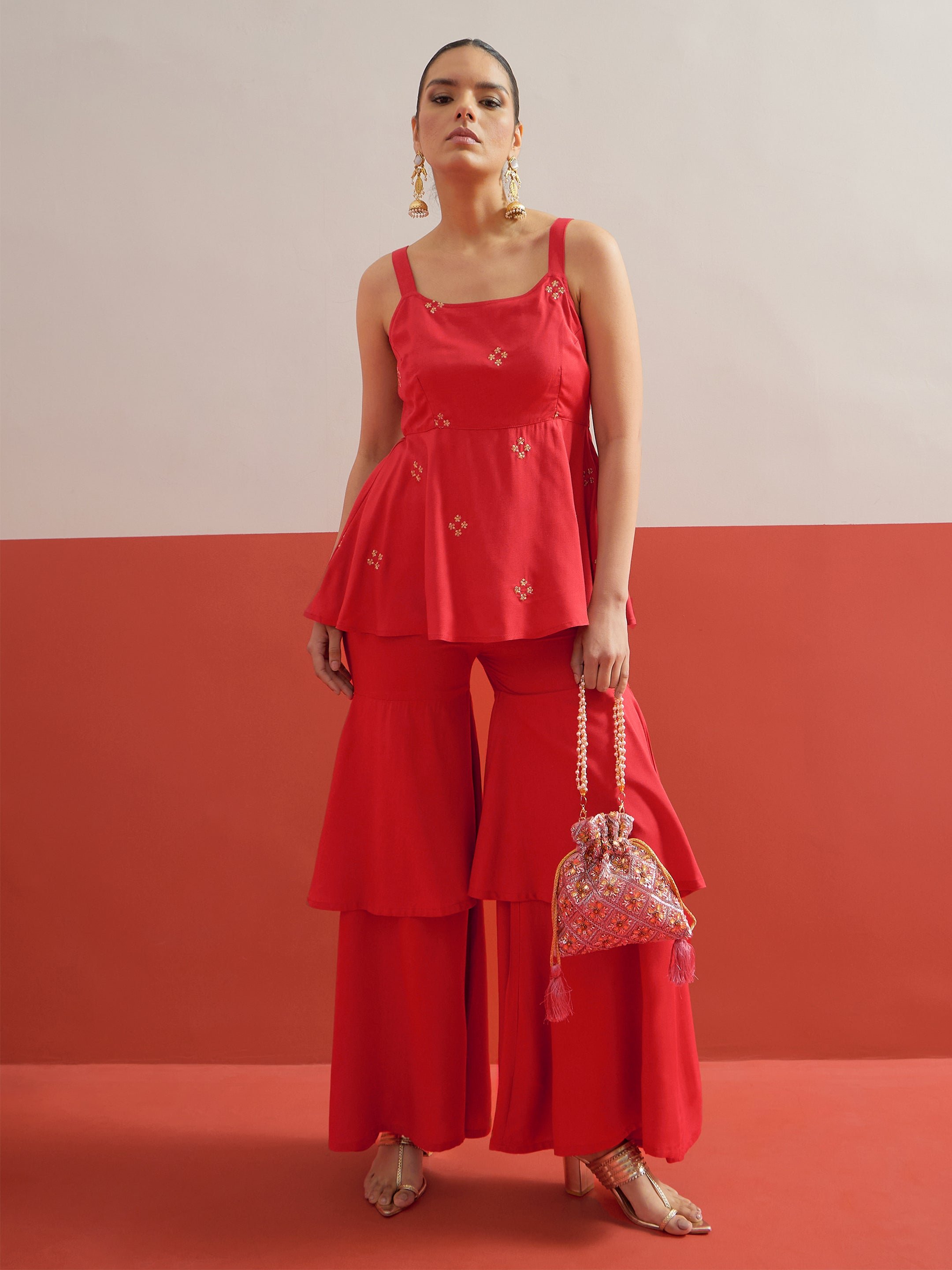 Red Embroidered Top and Layered Sharara Pants Co-ord Set