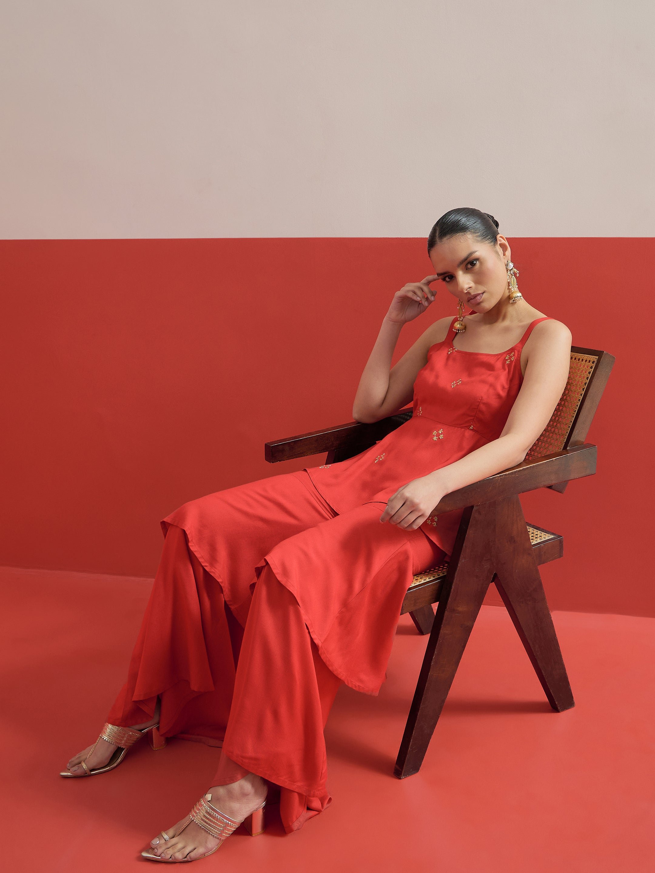 Red Embroidered Top and Layered Sharara Pants Co-ord Set