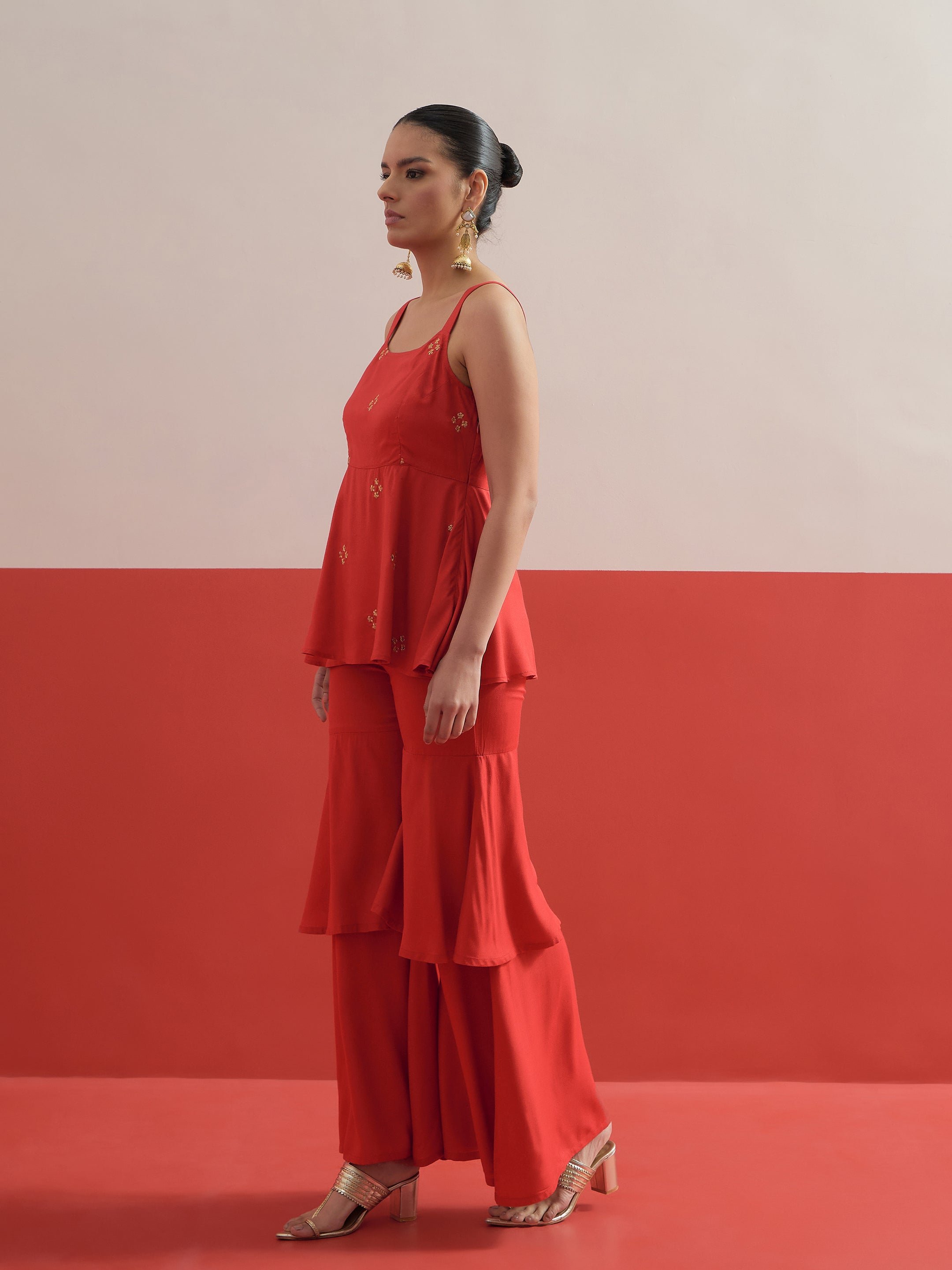Red Embroidered Top and Layered Sharara Pants Co-ord Set