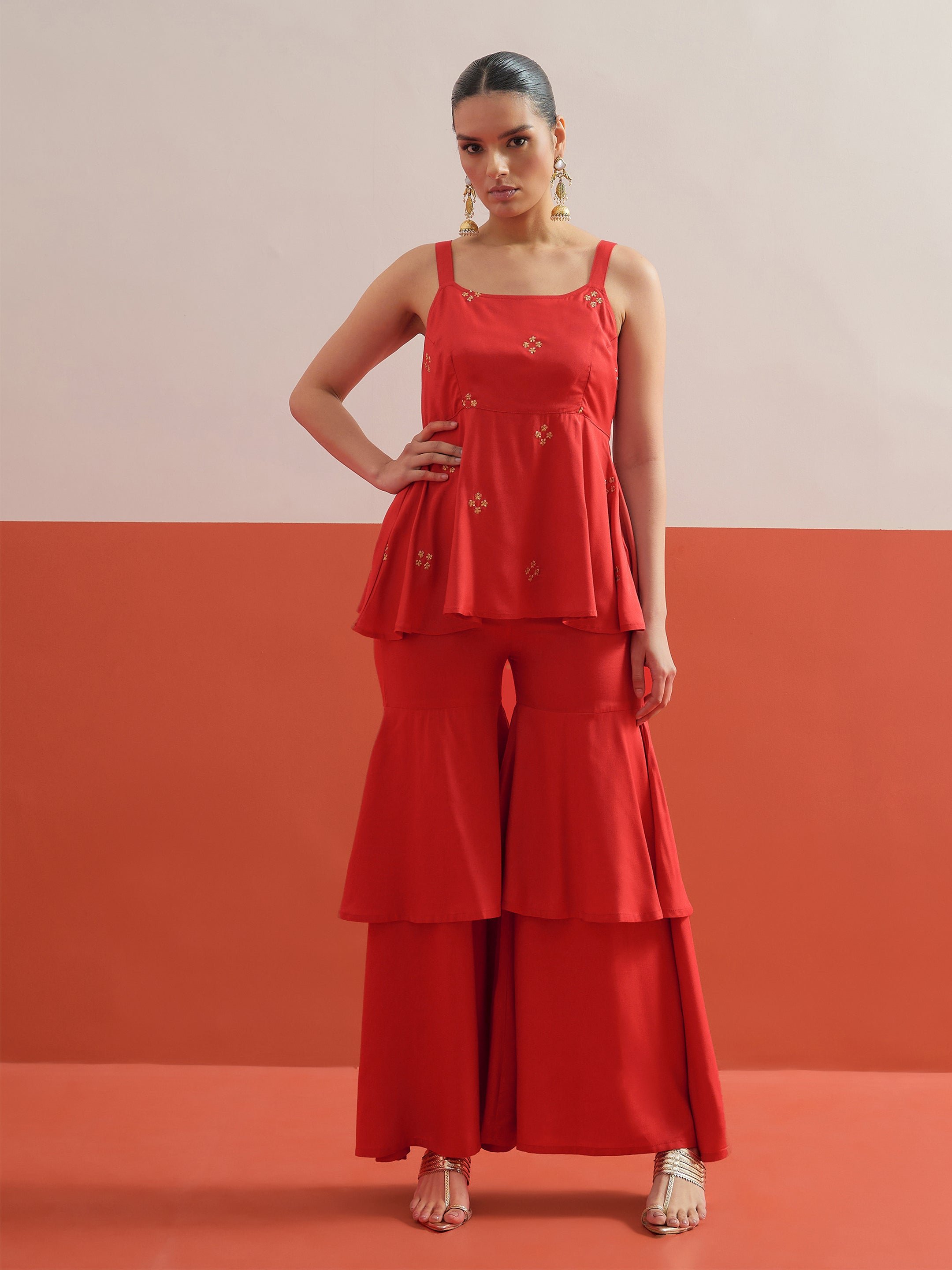 Red Embroidered Top and Layered Sharara Pants Co-ord Set