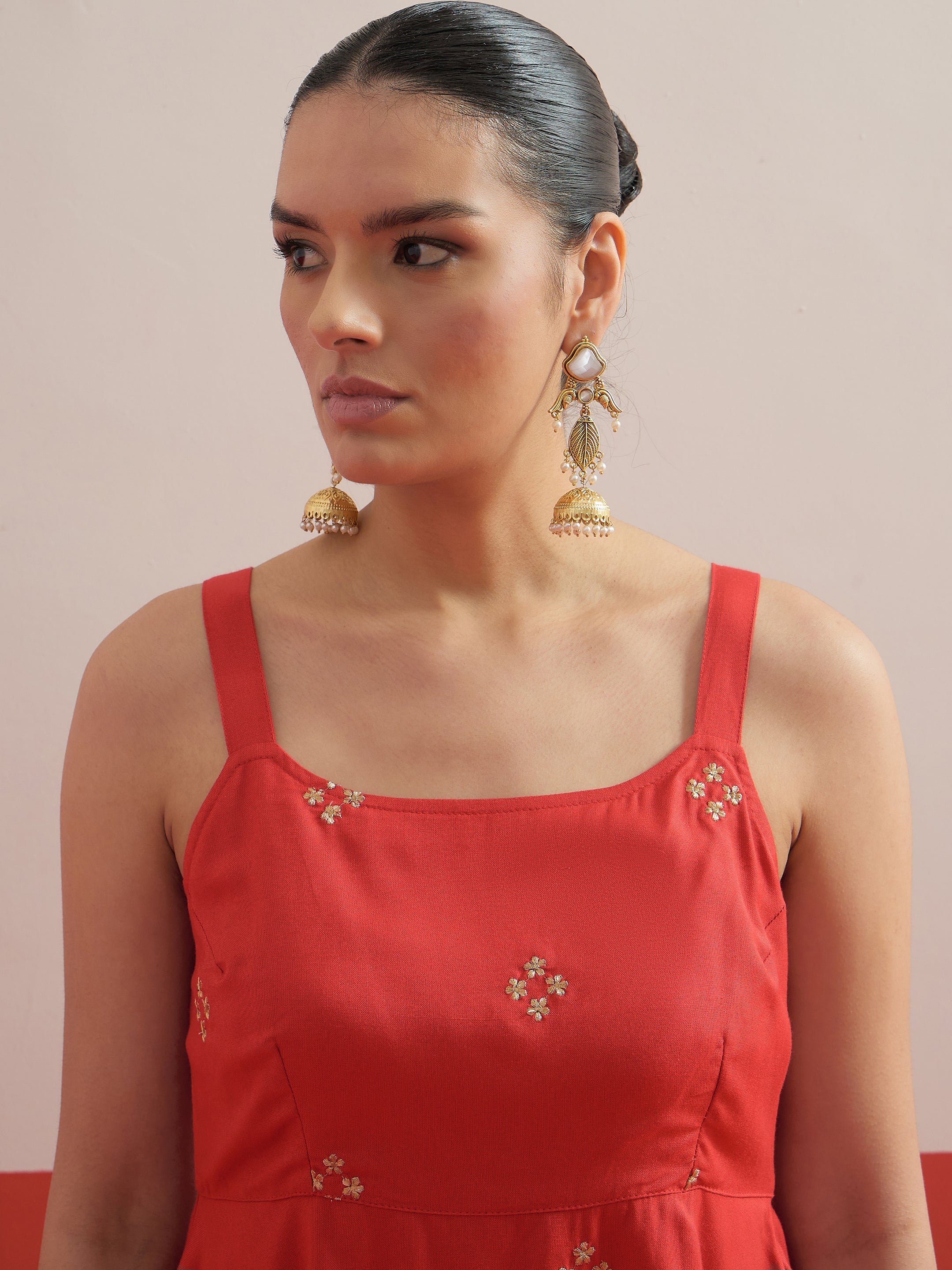 Red Embroidered Top and Layered Sharara Pants Co-ord Set