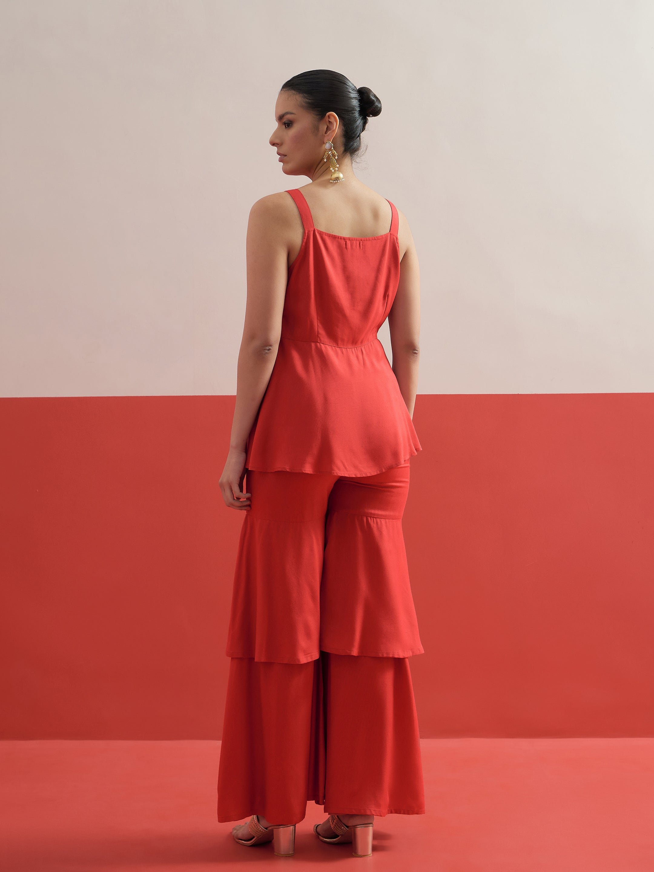 Red Embroidered Top and Layered Sharara Pants Co-ord Set