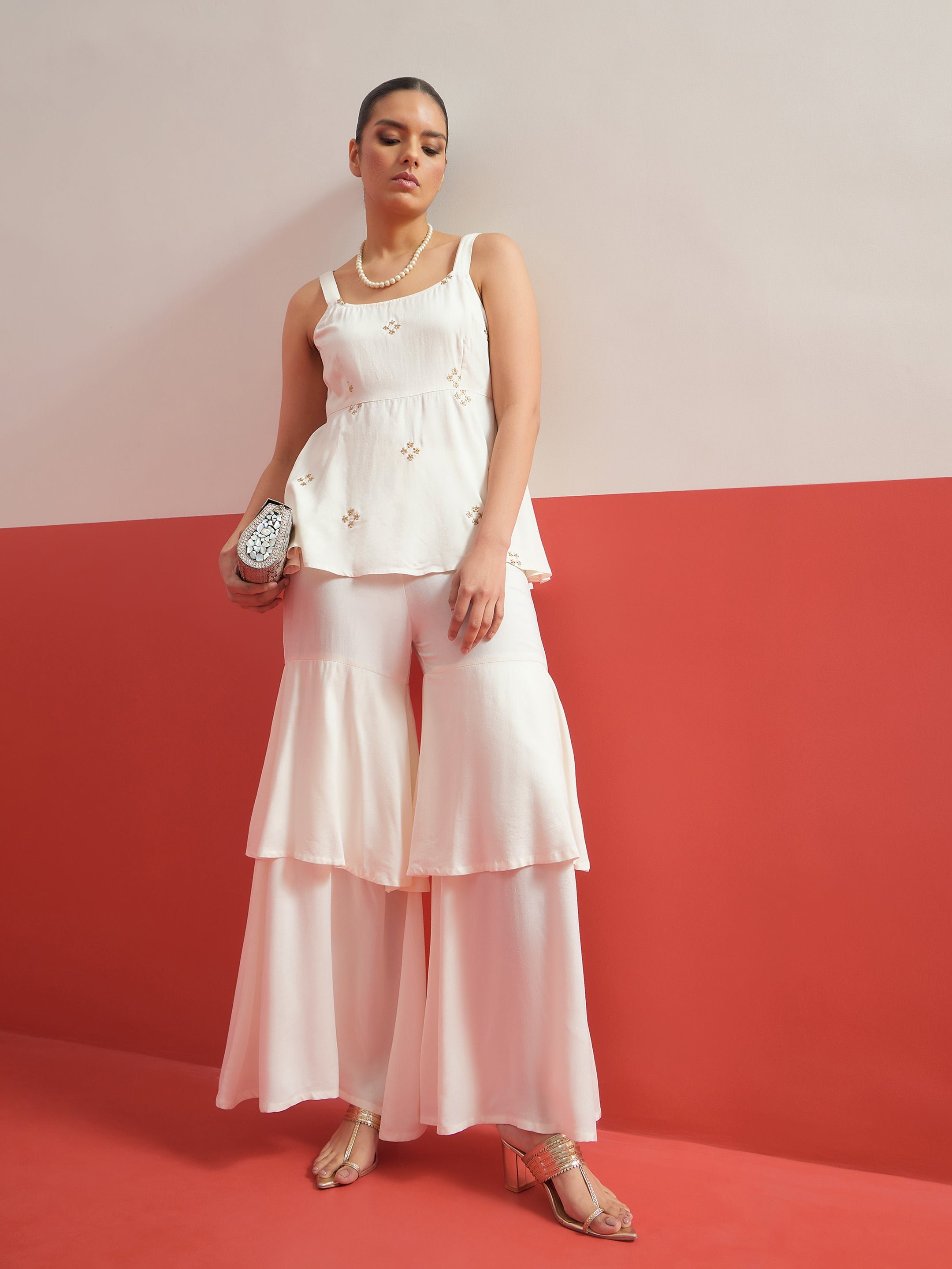 White Embroidered Top and Layered Sharara Pants Co-ord Set