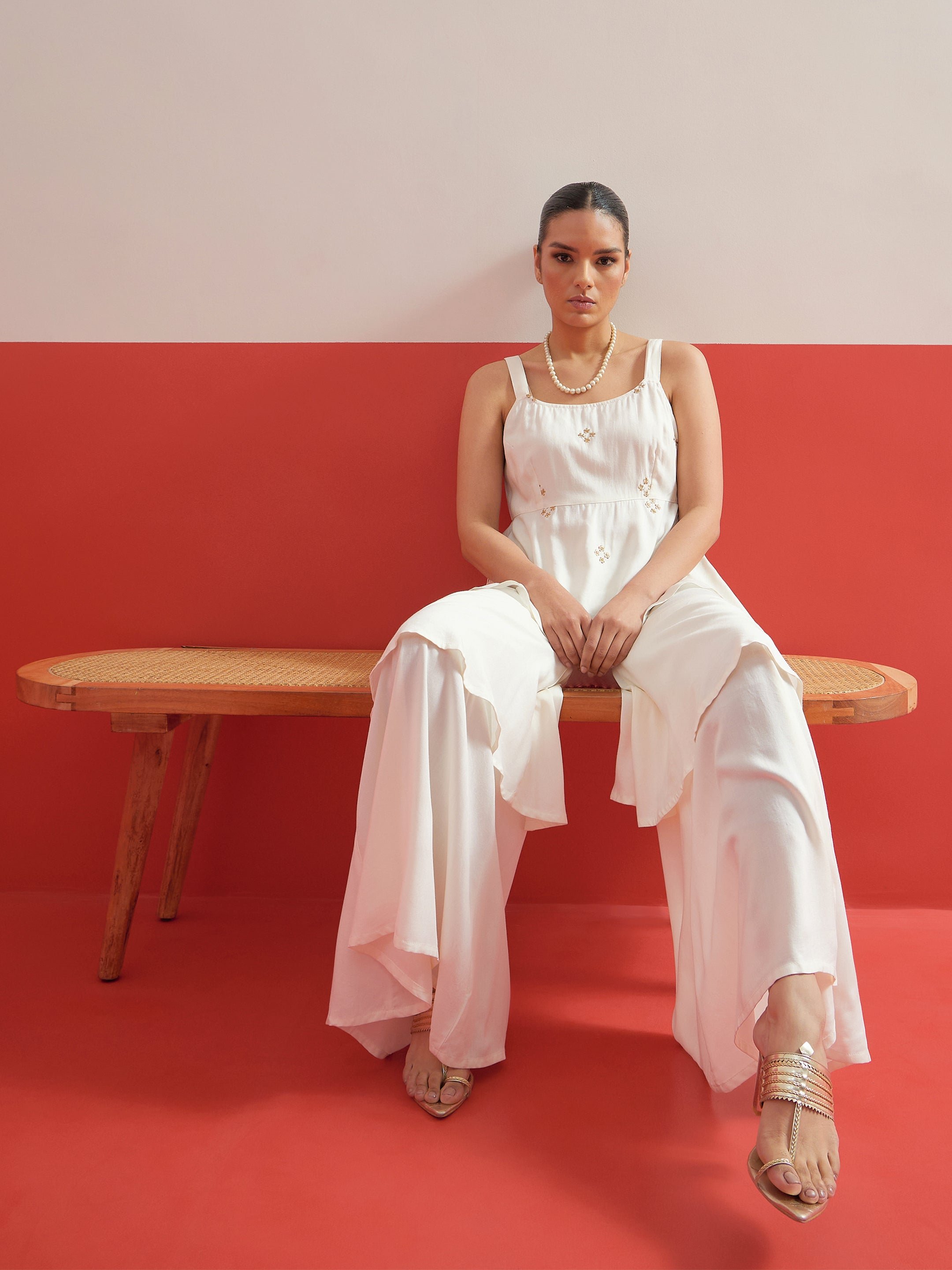 White Embroidered Top and Layered Sharara Pants Co-ord Set