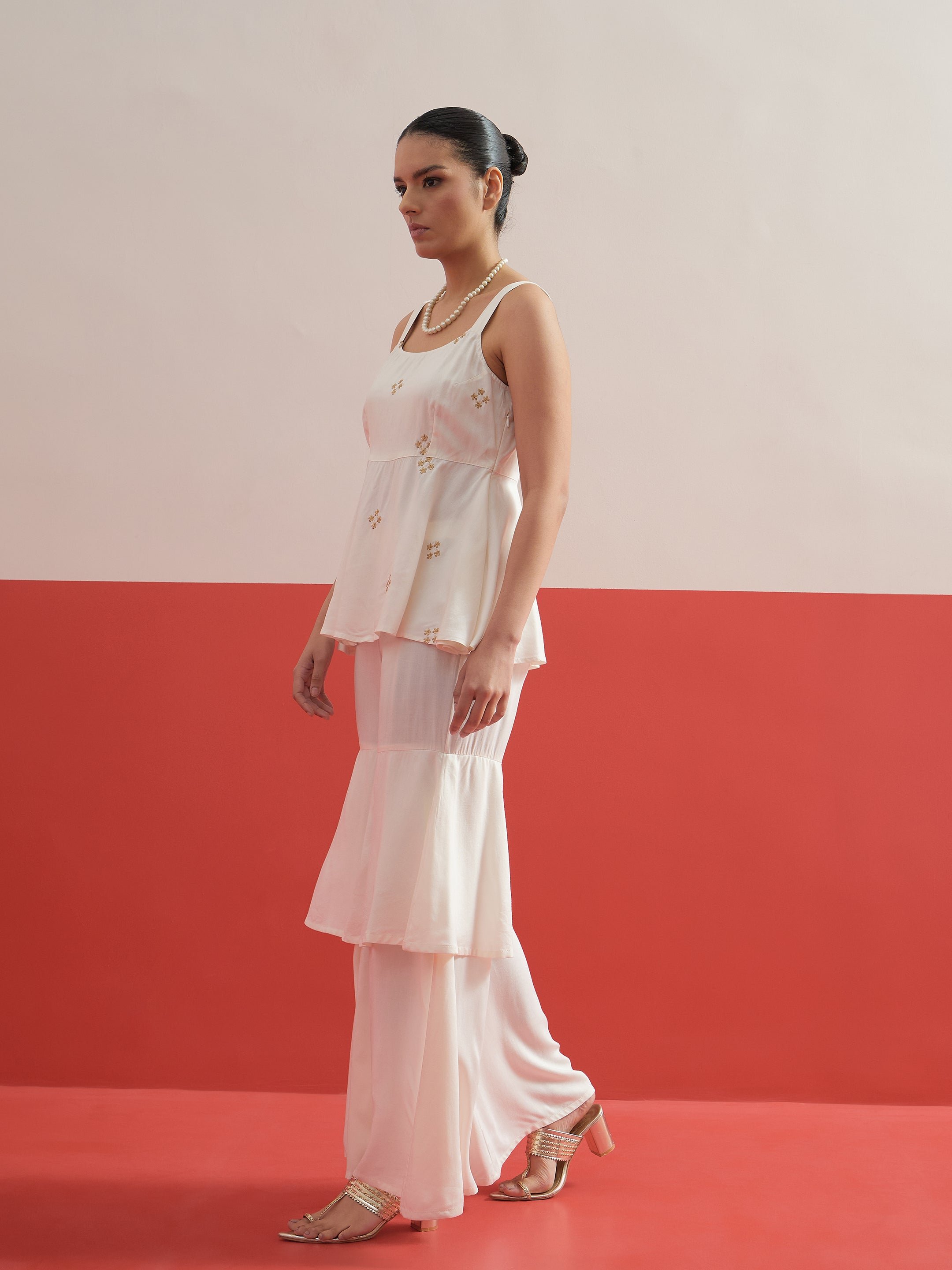 White Embroidered Top and Layered Sharara Pants Co-ord Set