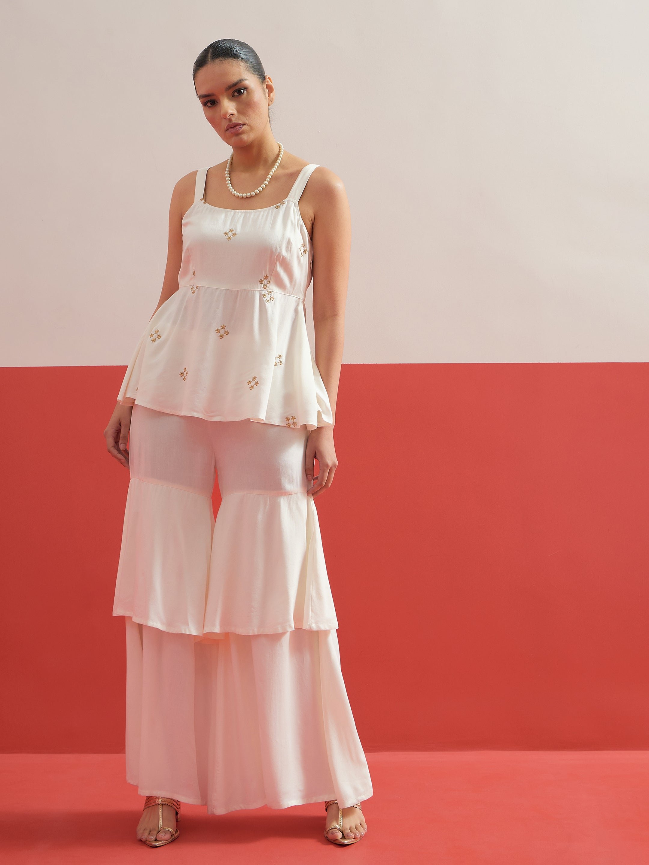 White Embroidered Top and Layered Sharara Pants Co-ord Set