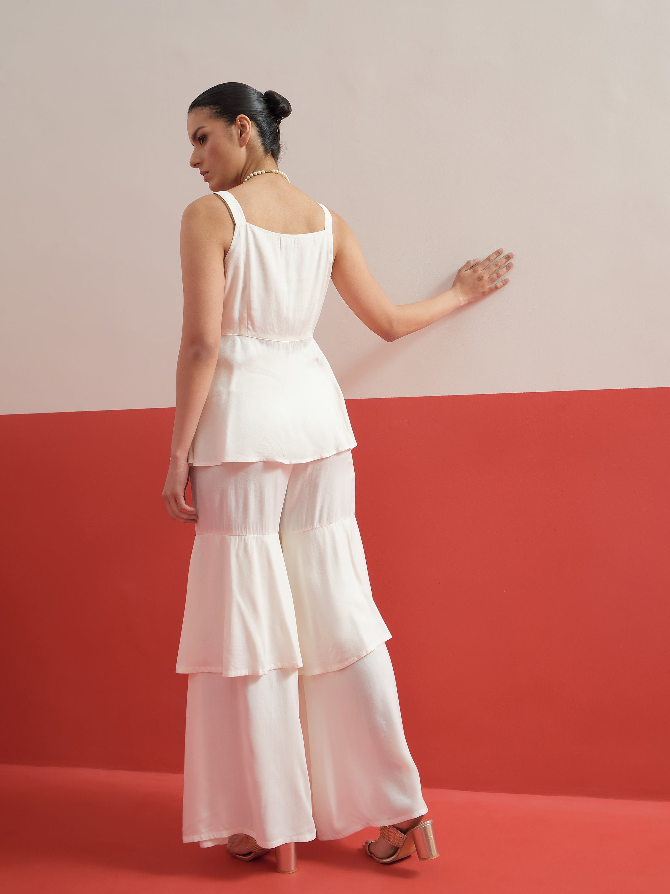 White Embroidered Top and Layered Sharara Pants Co-ord Set