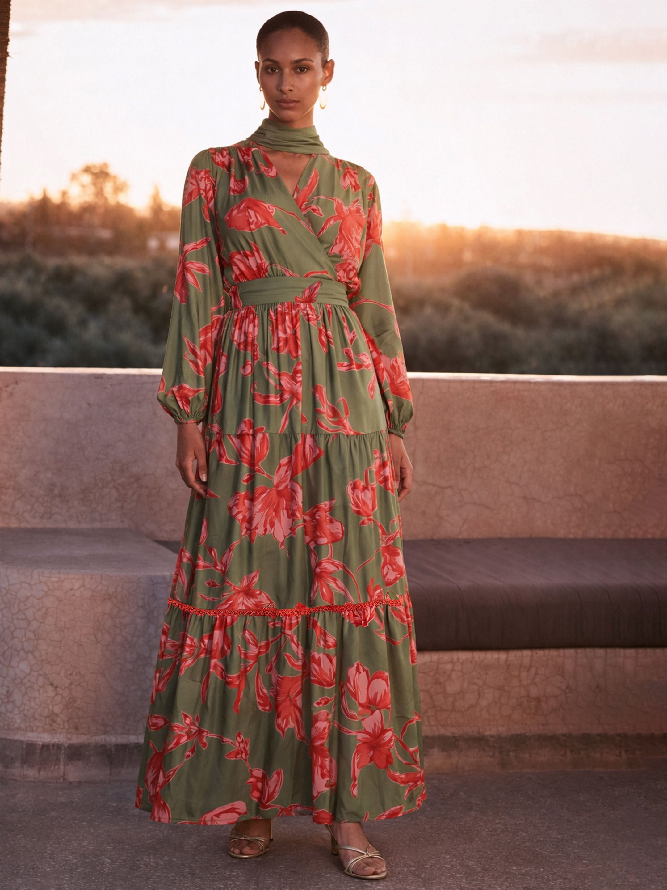 Olive and Red Floral Wrap Neck Maxi Dress