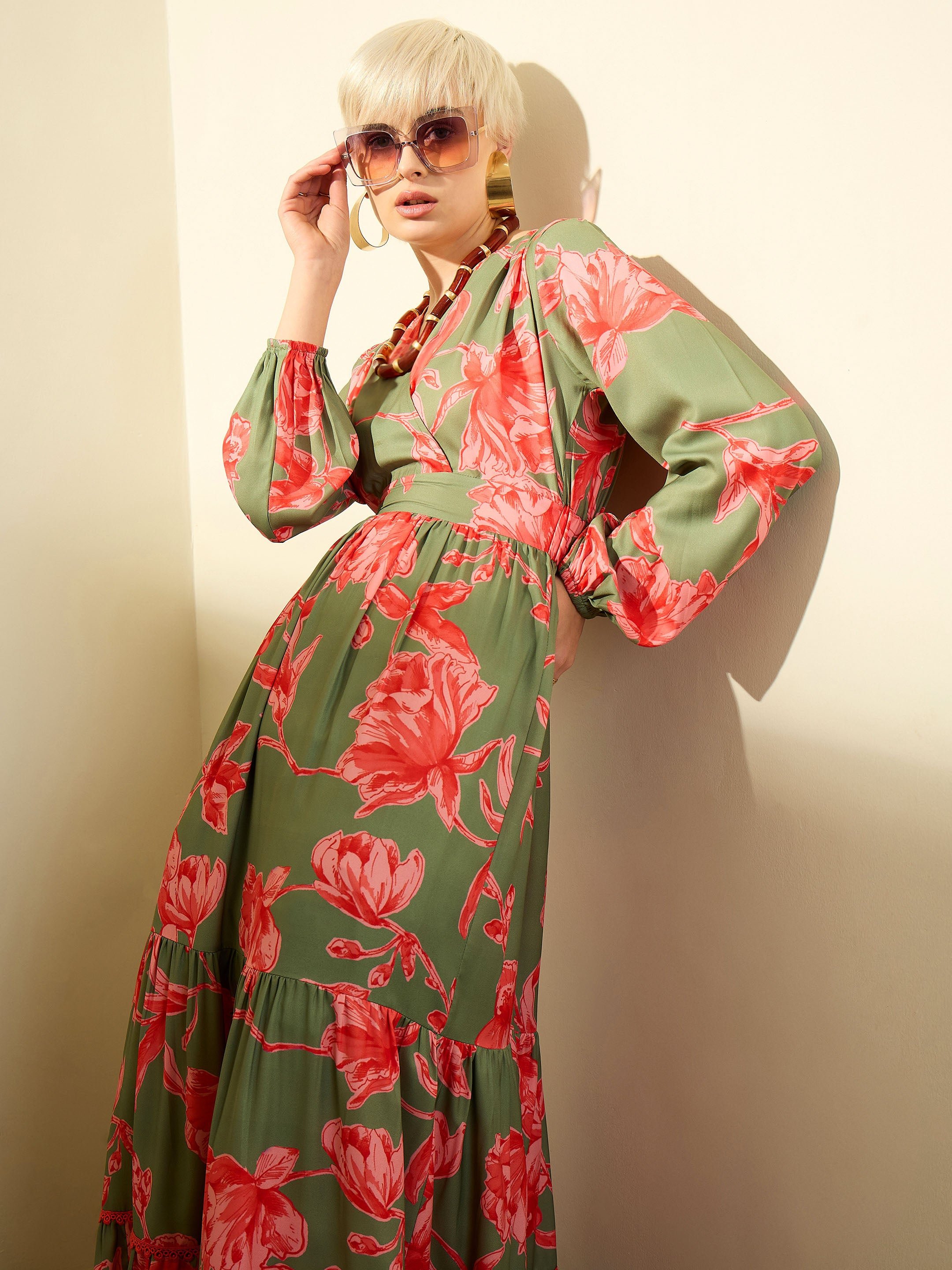 Olive and Red Floral Wrap Neck Maxi Dress