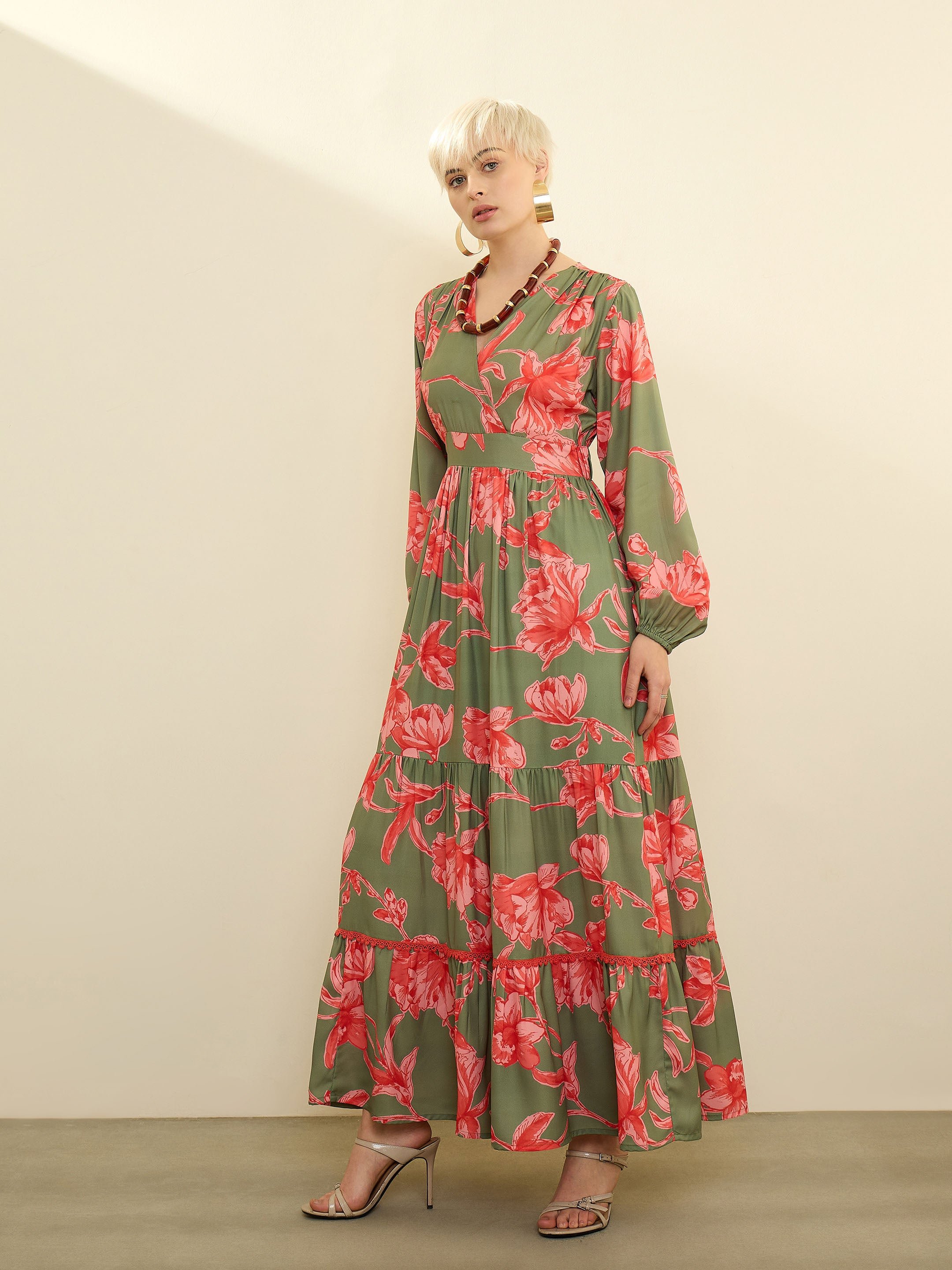Olive and Red Floral Wrap Neck Maxi Dress
