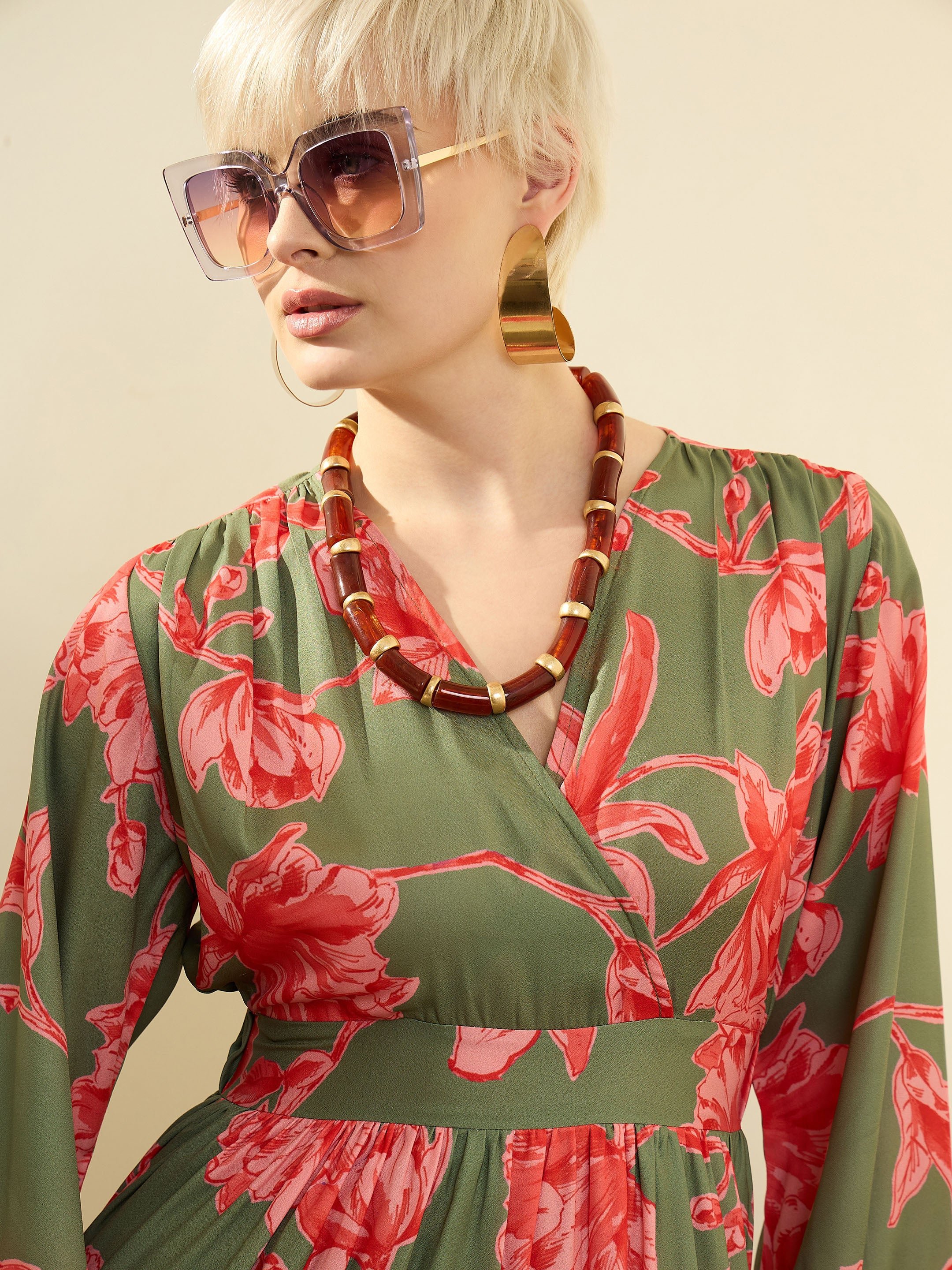 Olive and Red Floral Wrap Neck Maxi Dress