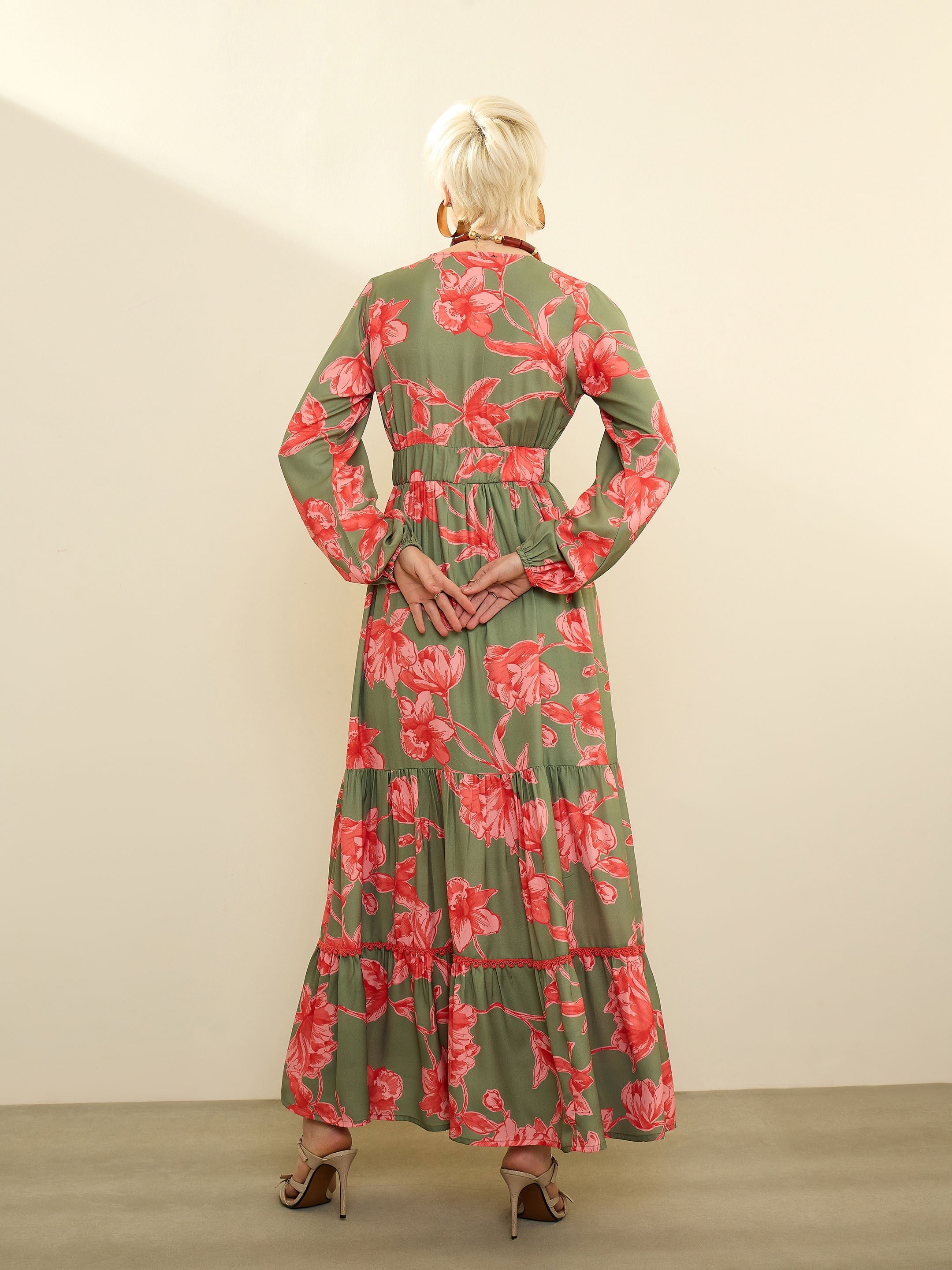 Olive and Red Floral Wrap Neck Maxi Dress