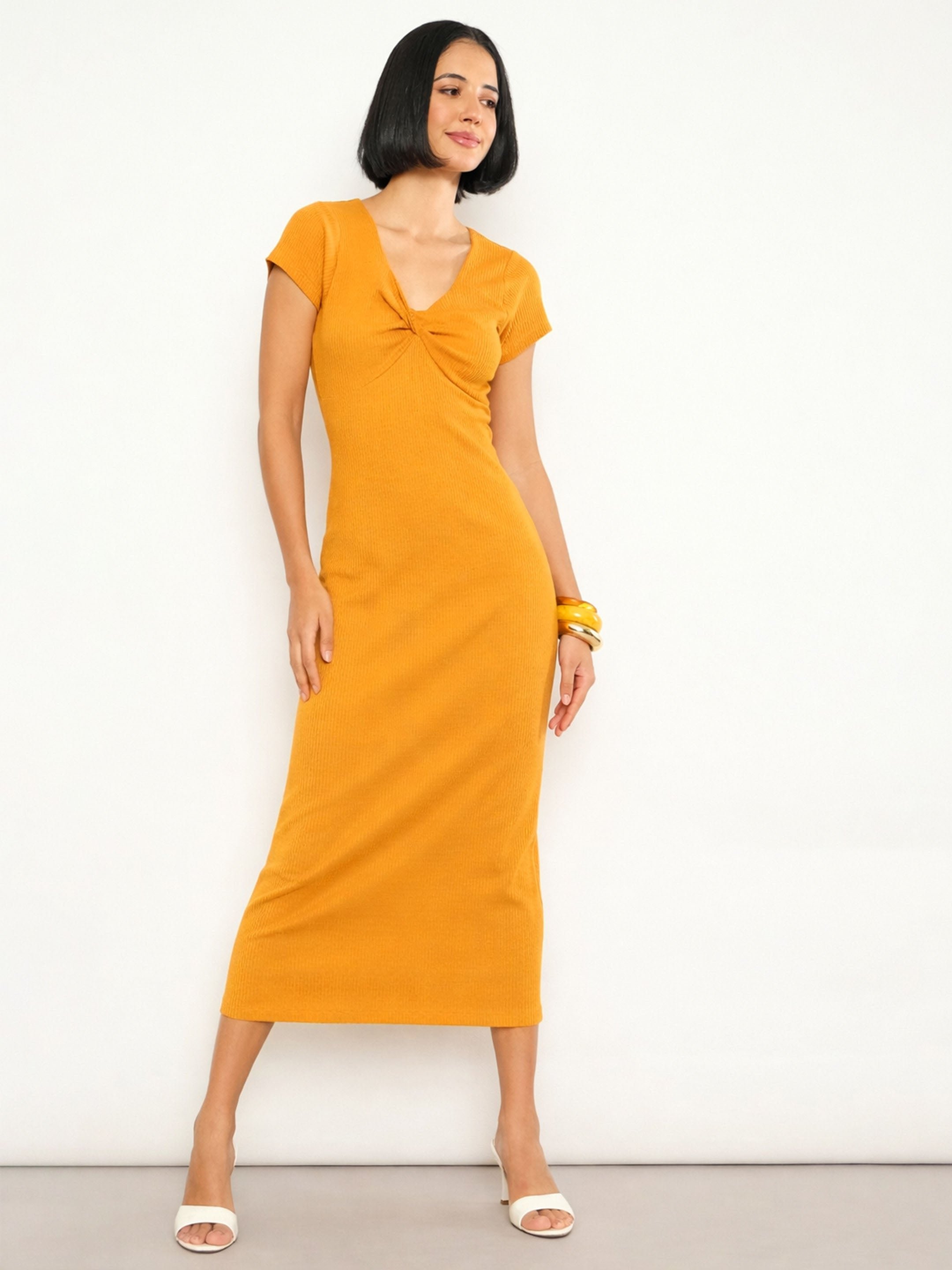 Mustard Rib Front Twisted Midi Dress