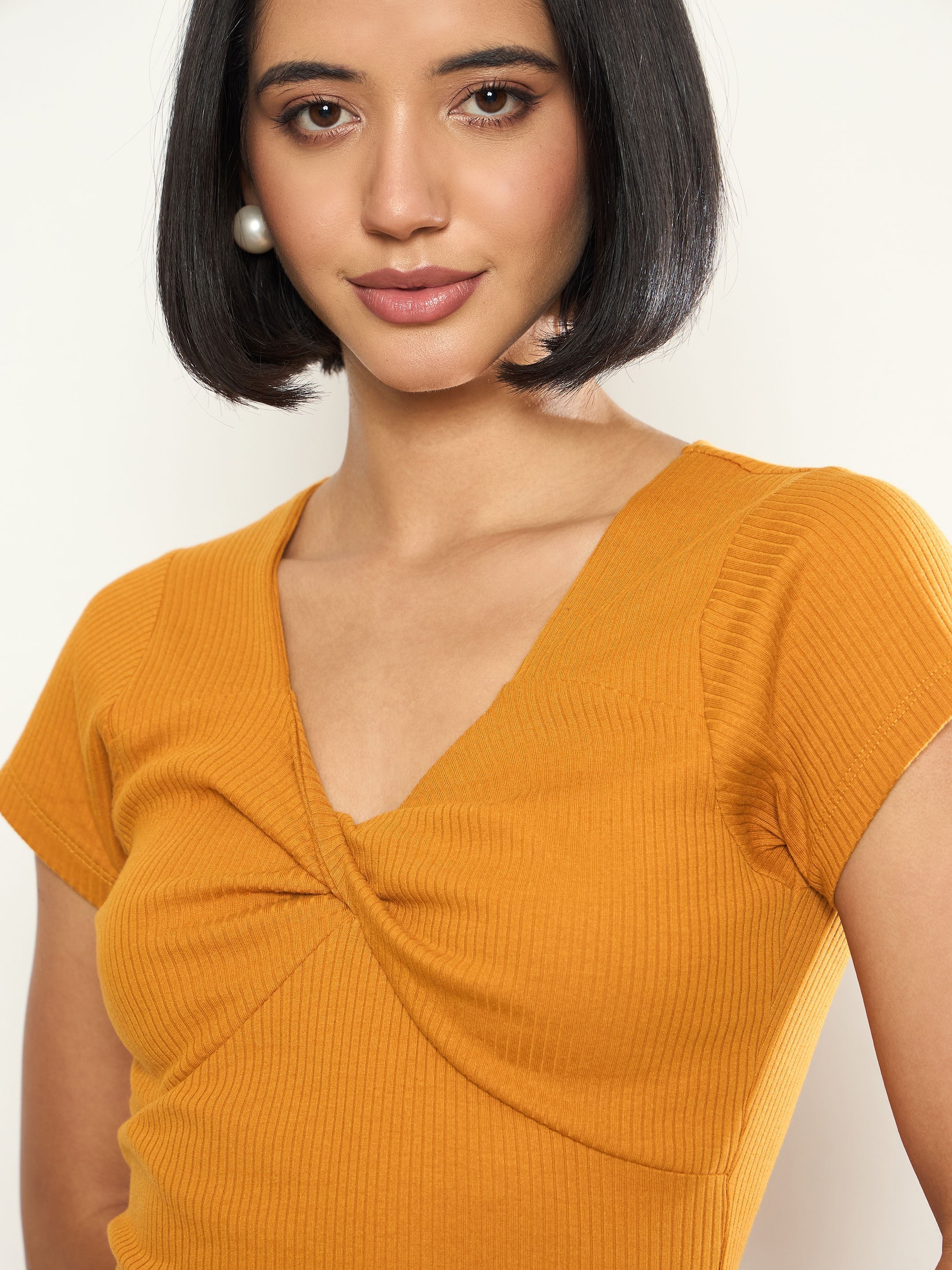 Mustard Rib Front Twisted Midi Dress