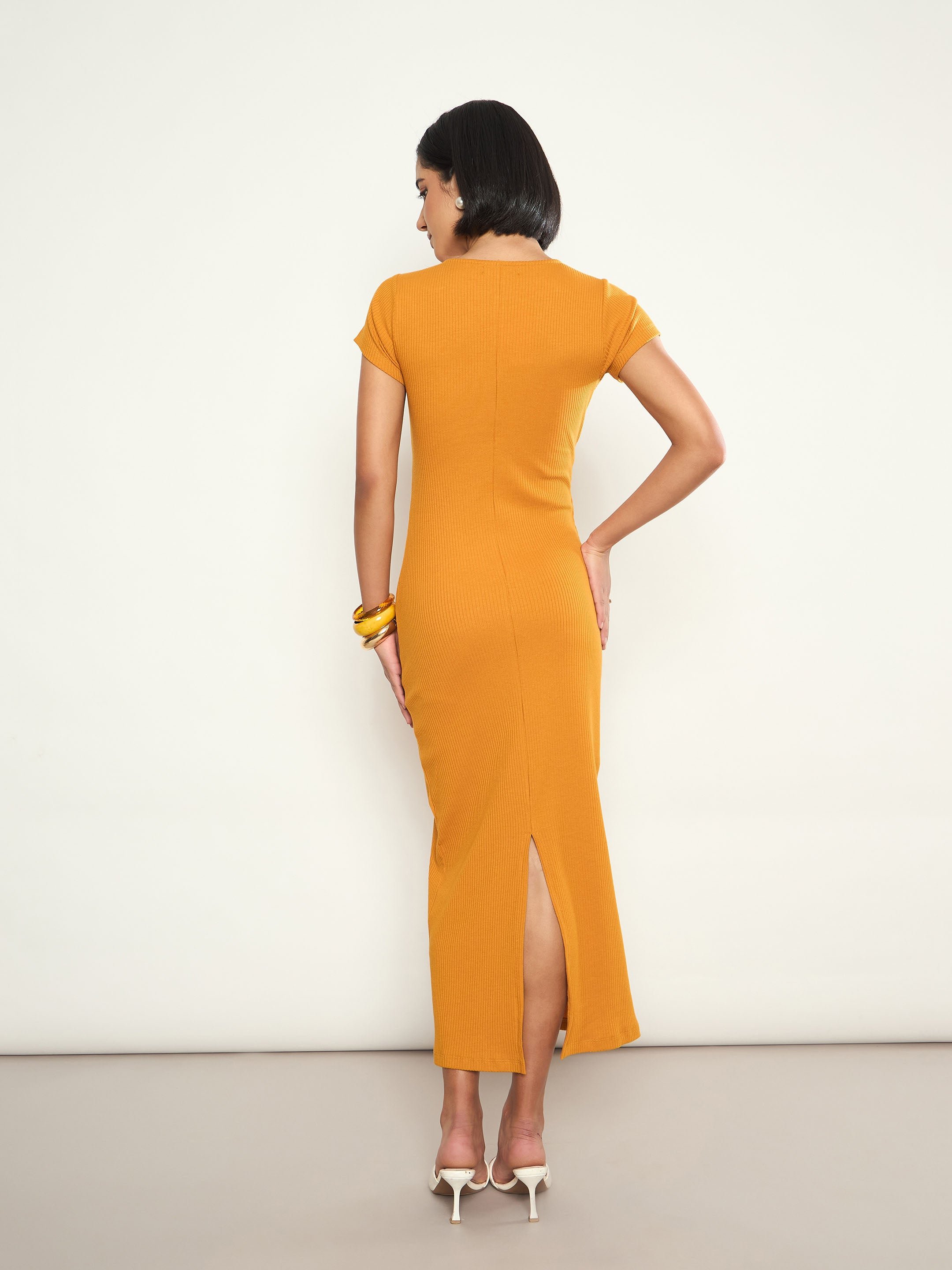 Mustard Rib Front Twisted Midi Dress