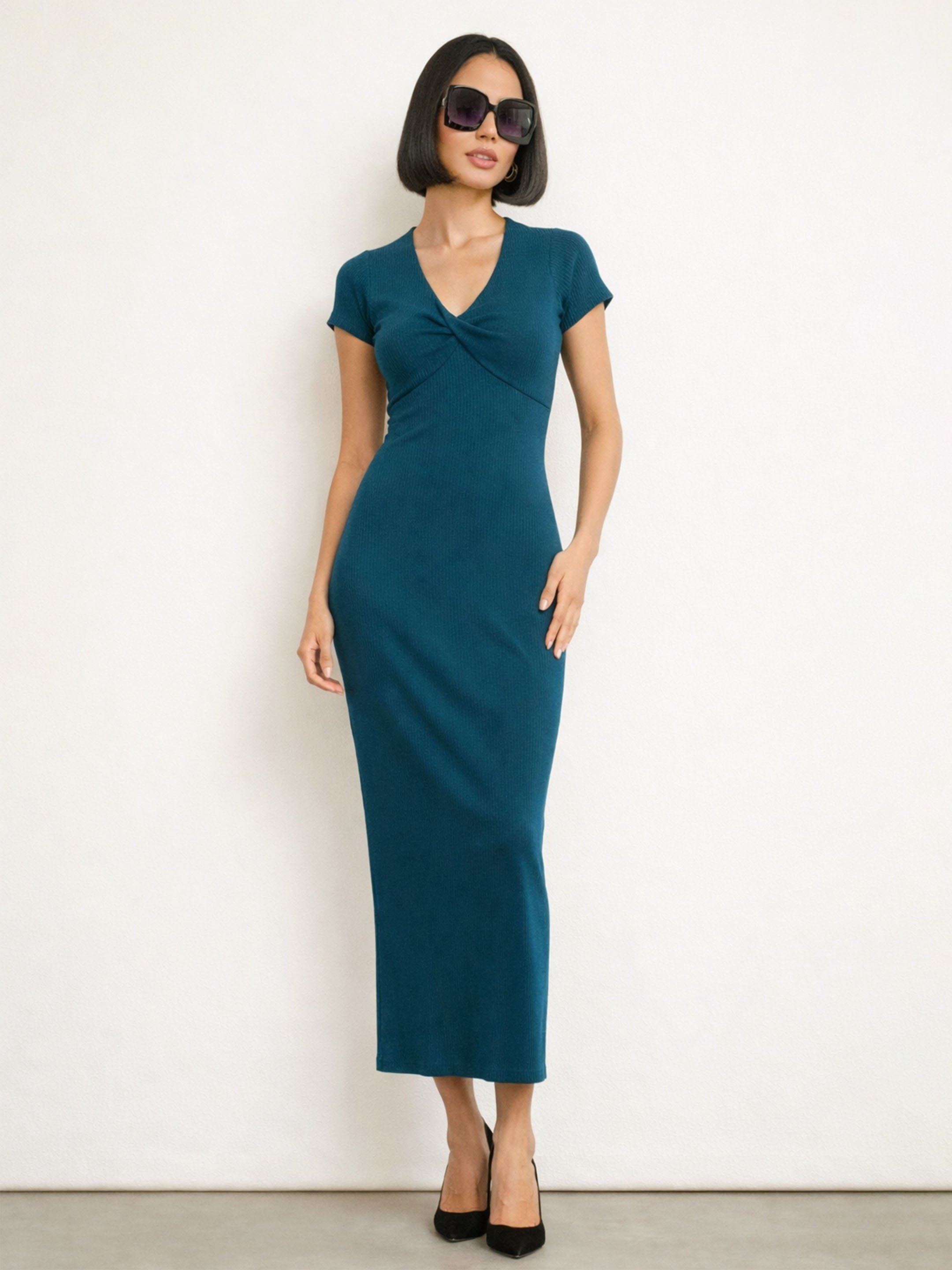 Teal Rib Front Twisted Midi Dress
