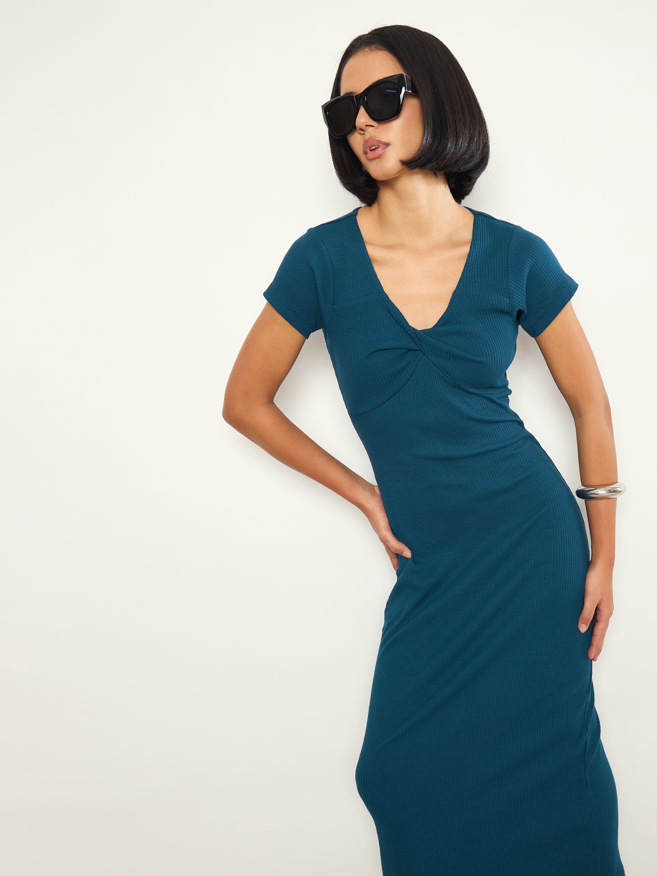 Teal Rib Front Twisted Midi Dress