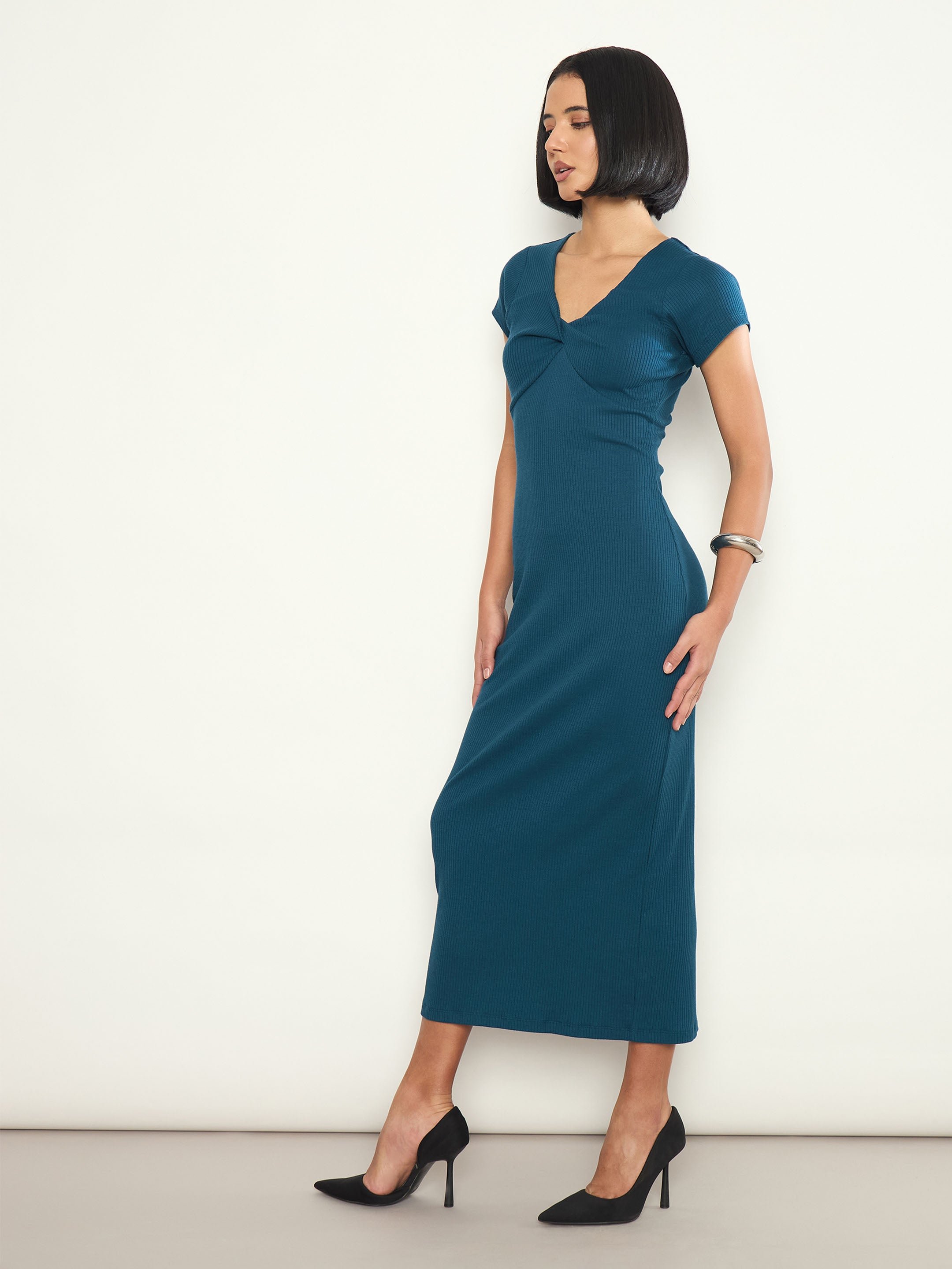 Teal Rib Front Twisted Midi Dress