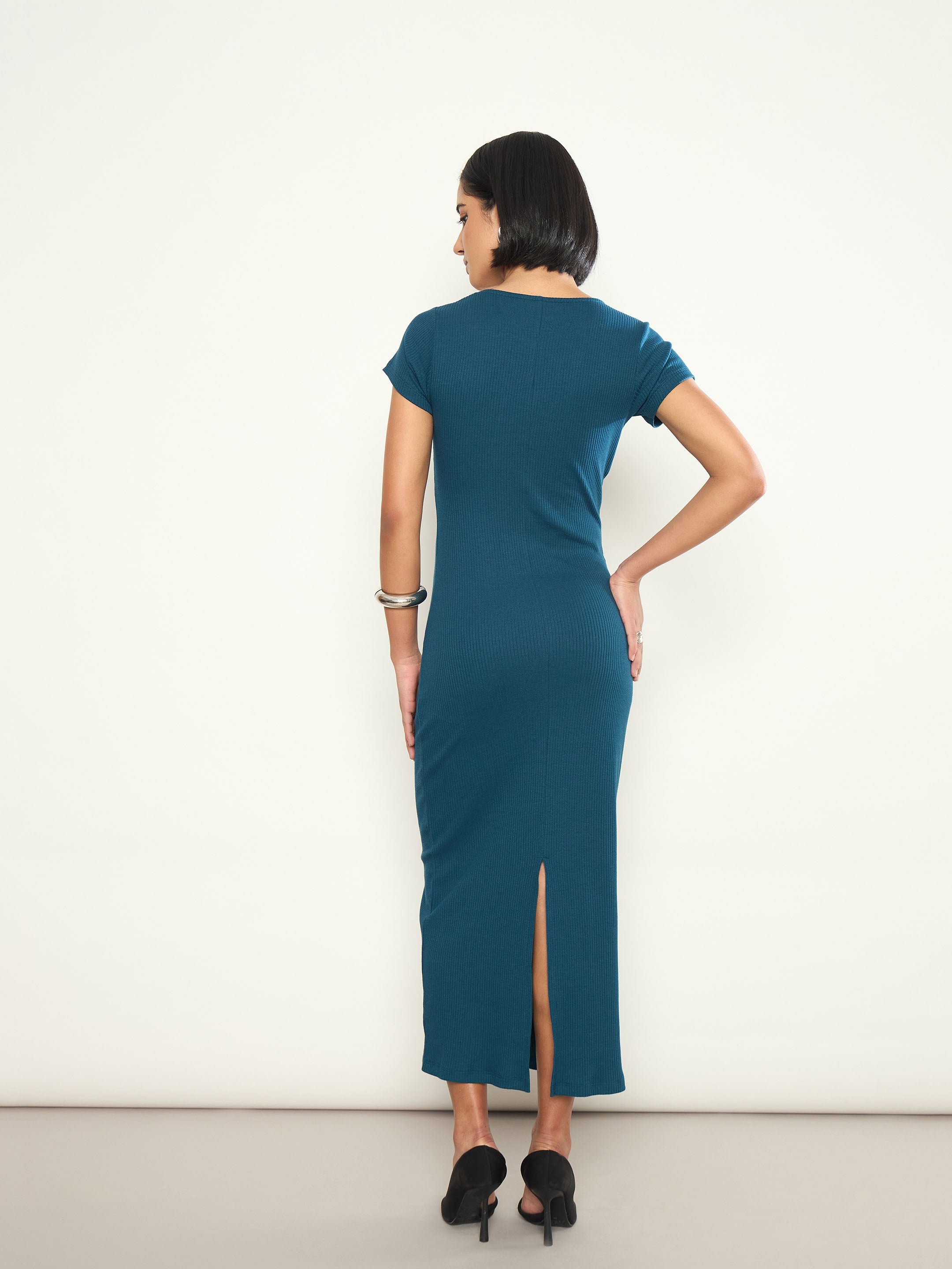 Teal Rib Front Twisted Midi Dress