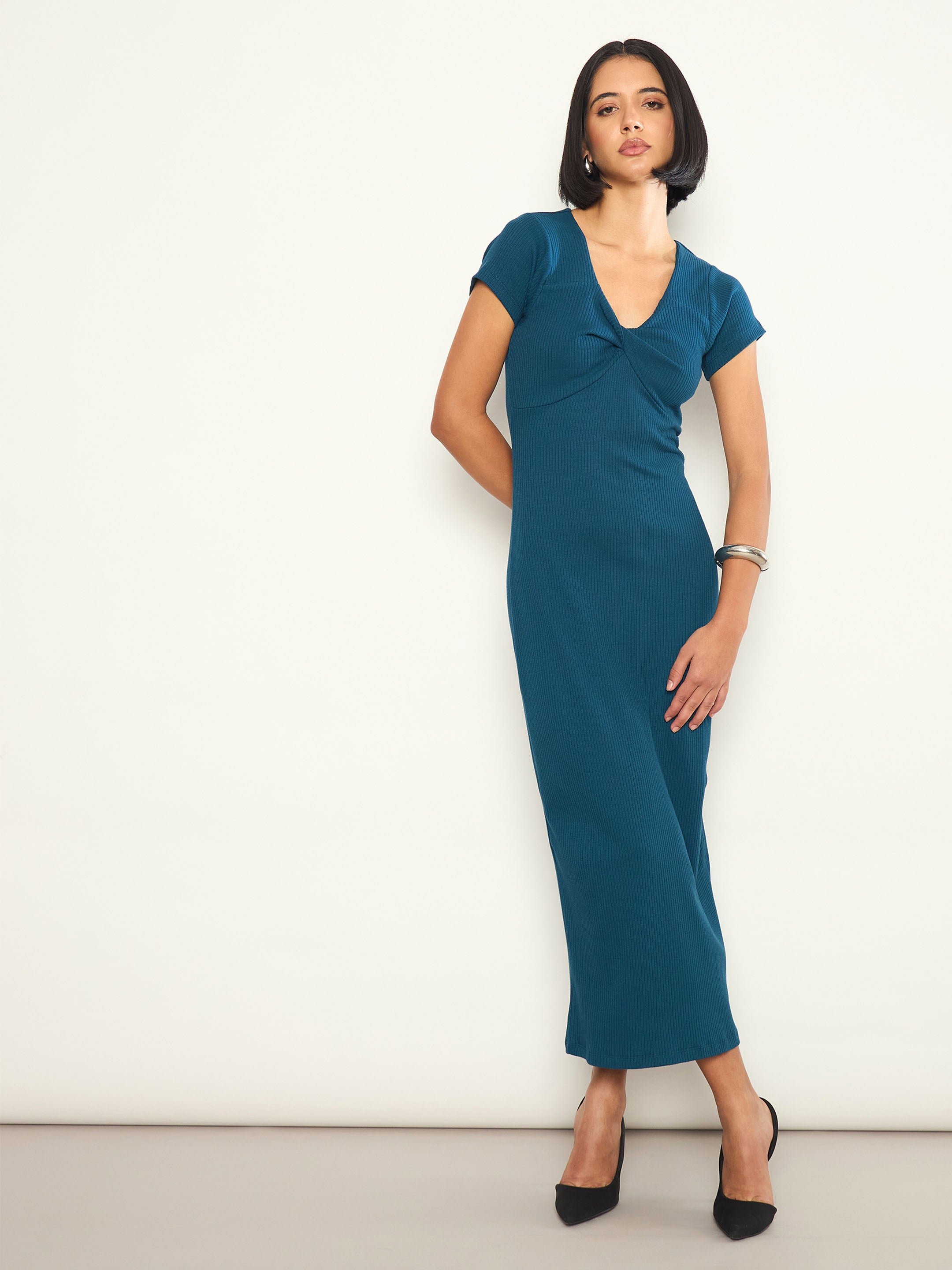 Teal Rib Front Twisted Midi Dress