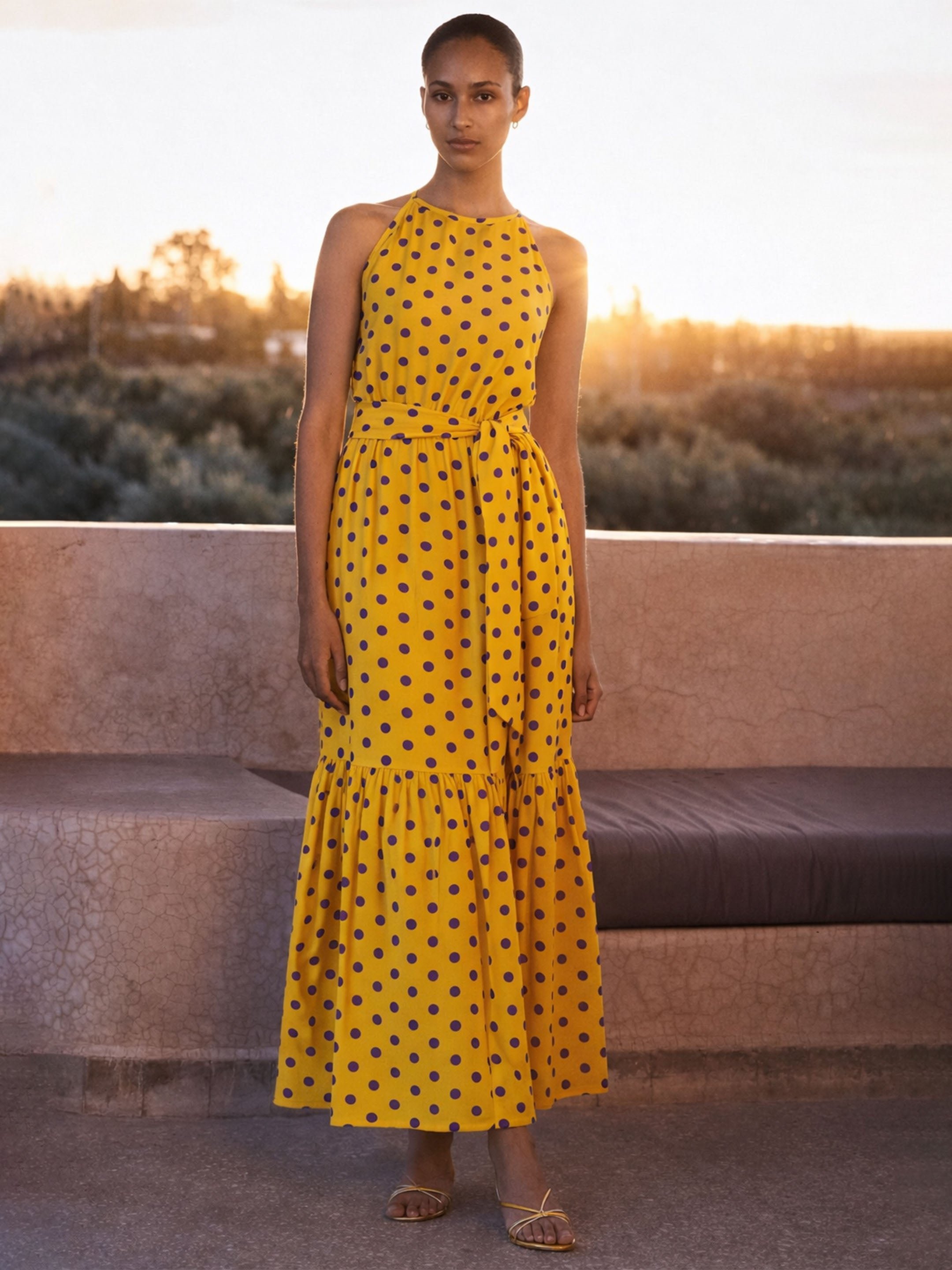 Yellow with Purple Polka Dot Sleeveless Tiered Maxi Dress