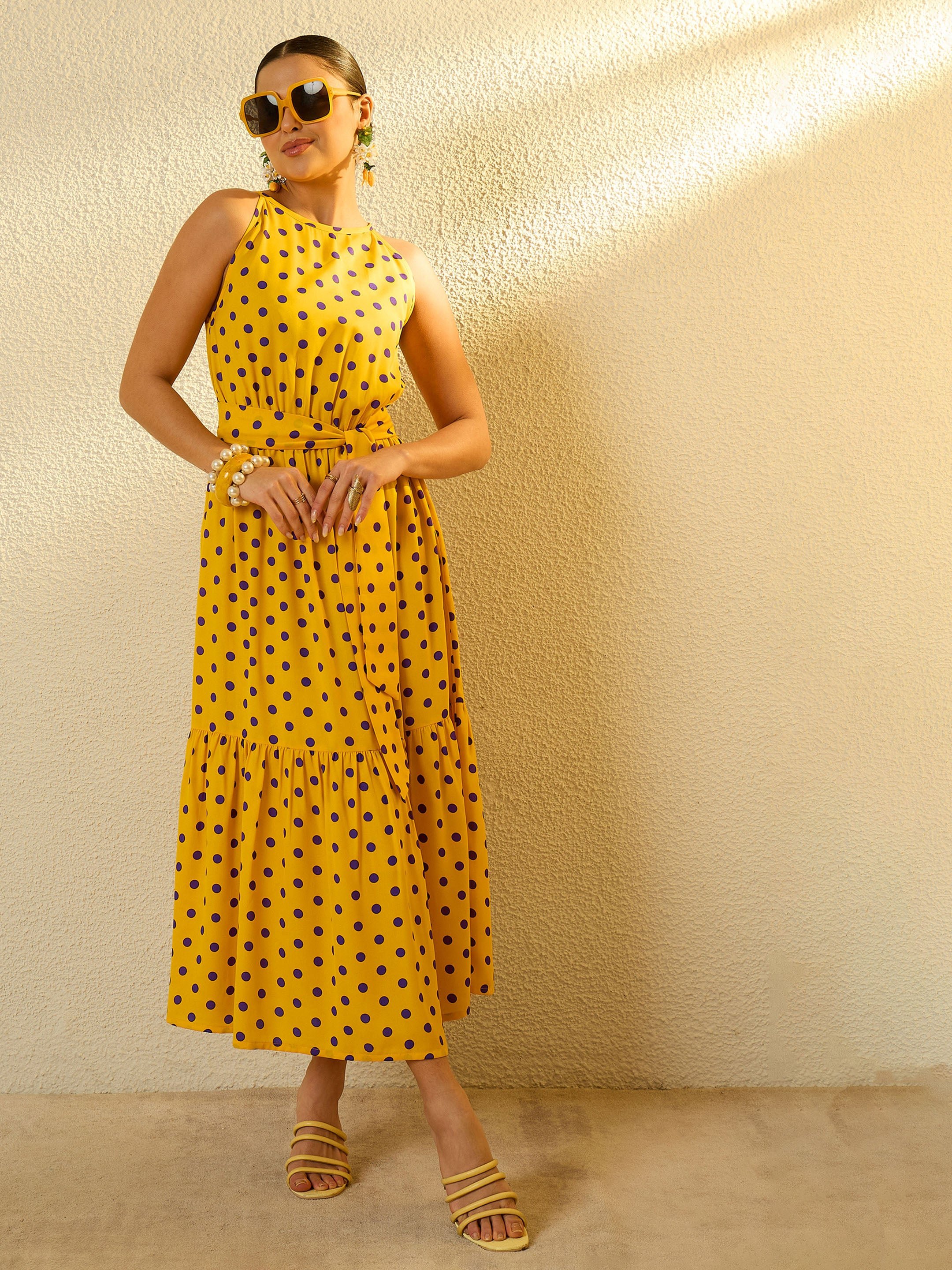 Yellow with Purple Polka Dot Sleeveless Tiered Maxi Dress