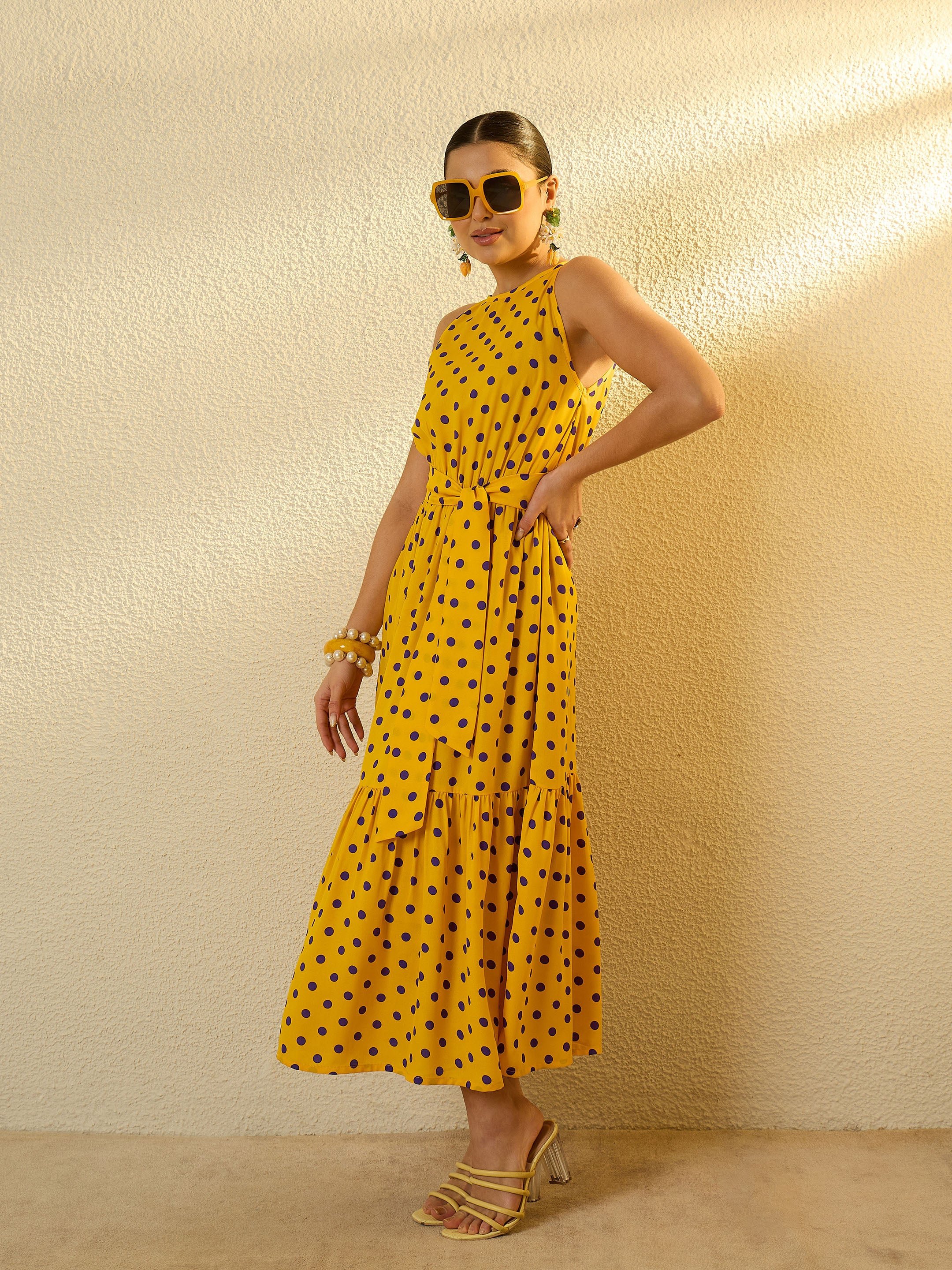 Yellow with Purple Polka Dot Sleeveless Tiered Maxi Dress
