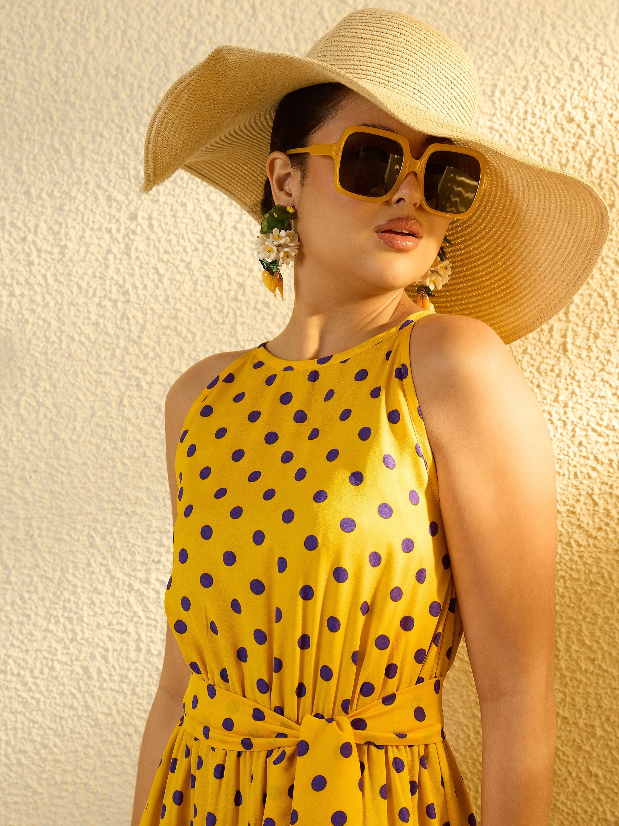 Yellow with Purple Polka Dot Sleeveless Tiered Maxi Dress