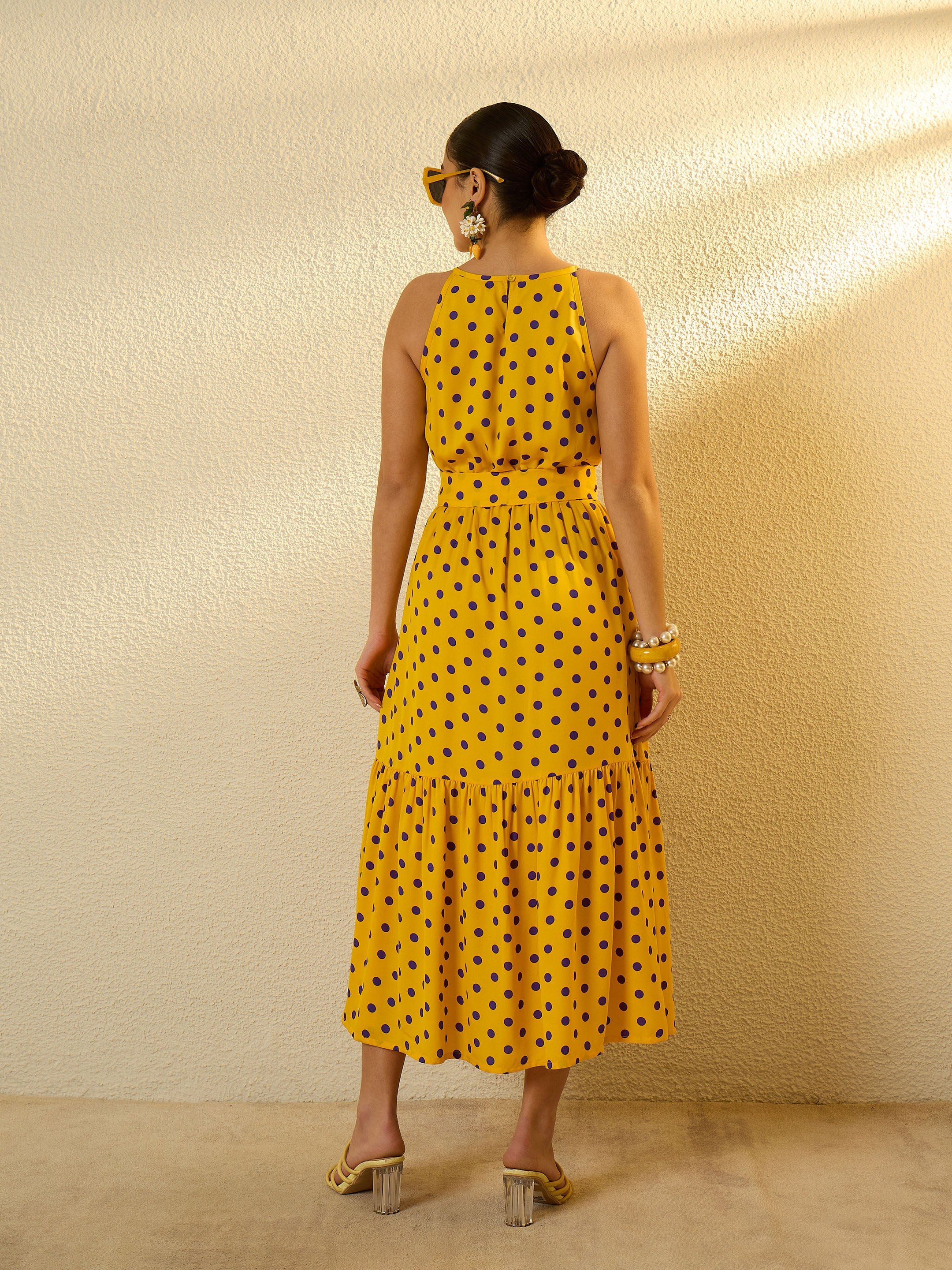 Yellow with Purple Polka Dot Sleeveless Tiered Maxi Dress