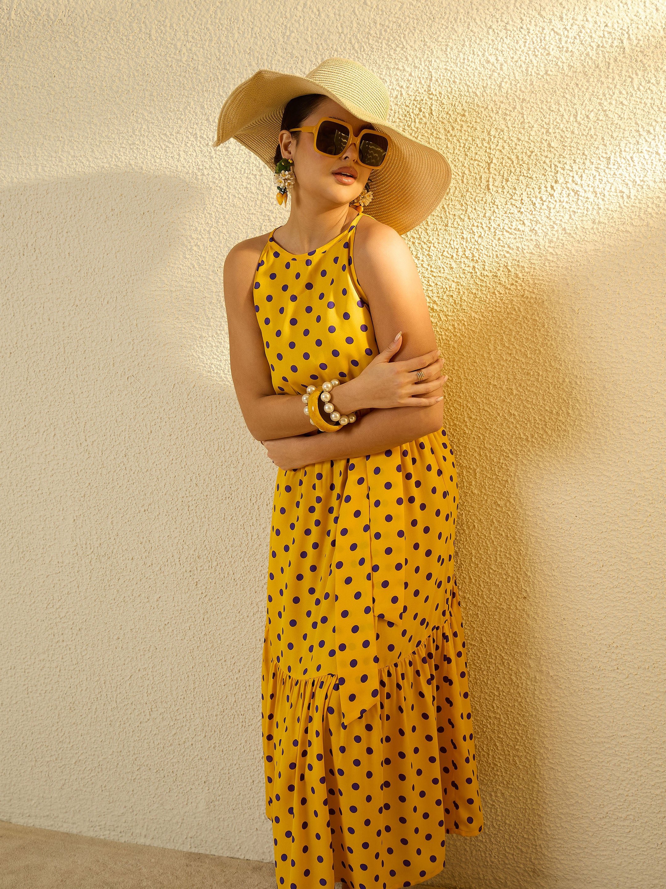 Yellow with Purple Polka Dot Sleeveless Tiered Maxi Dress