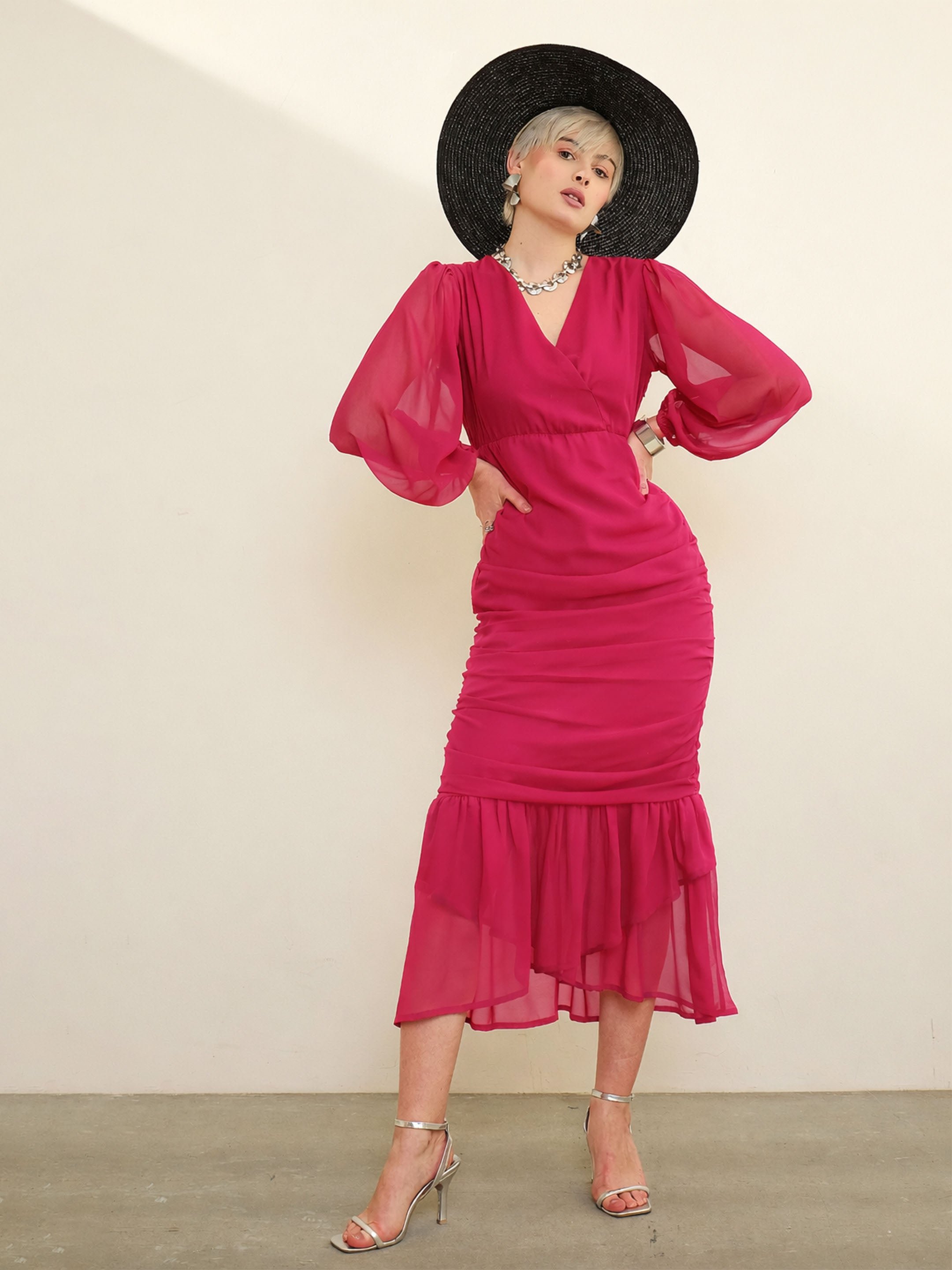 Pink Solid Ruffled Hem Midi Dress