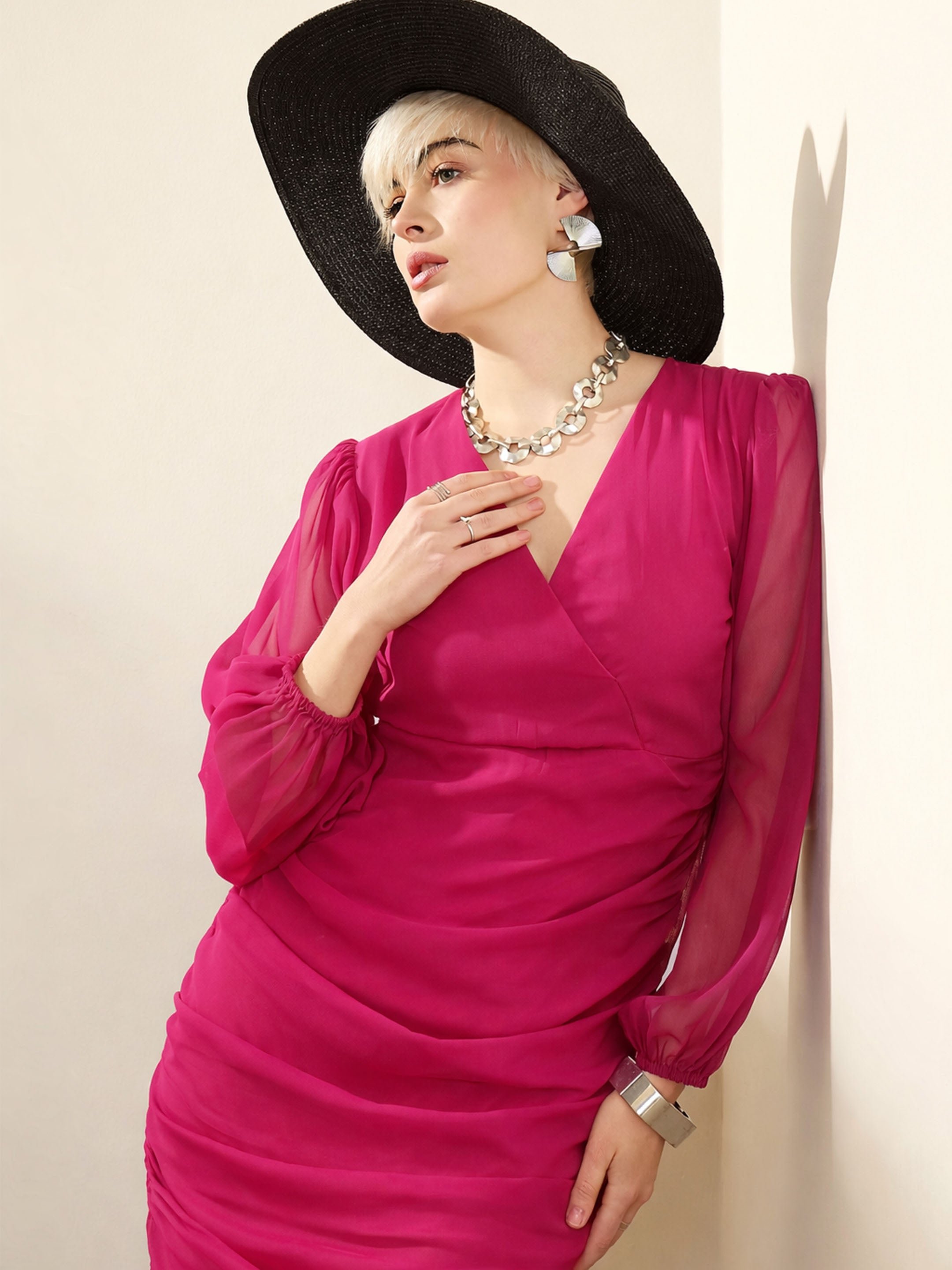 Pink Solid Ruffled Hem Midi Dress