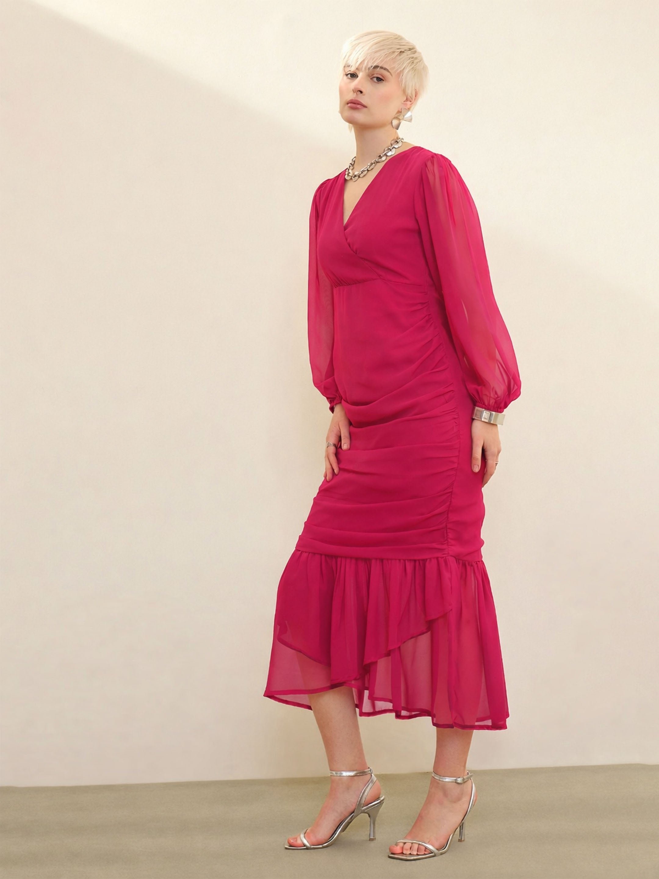Pink Solid Ruffled Hem Midi Dress