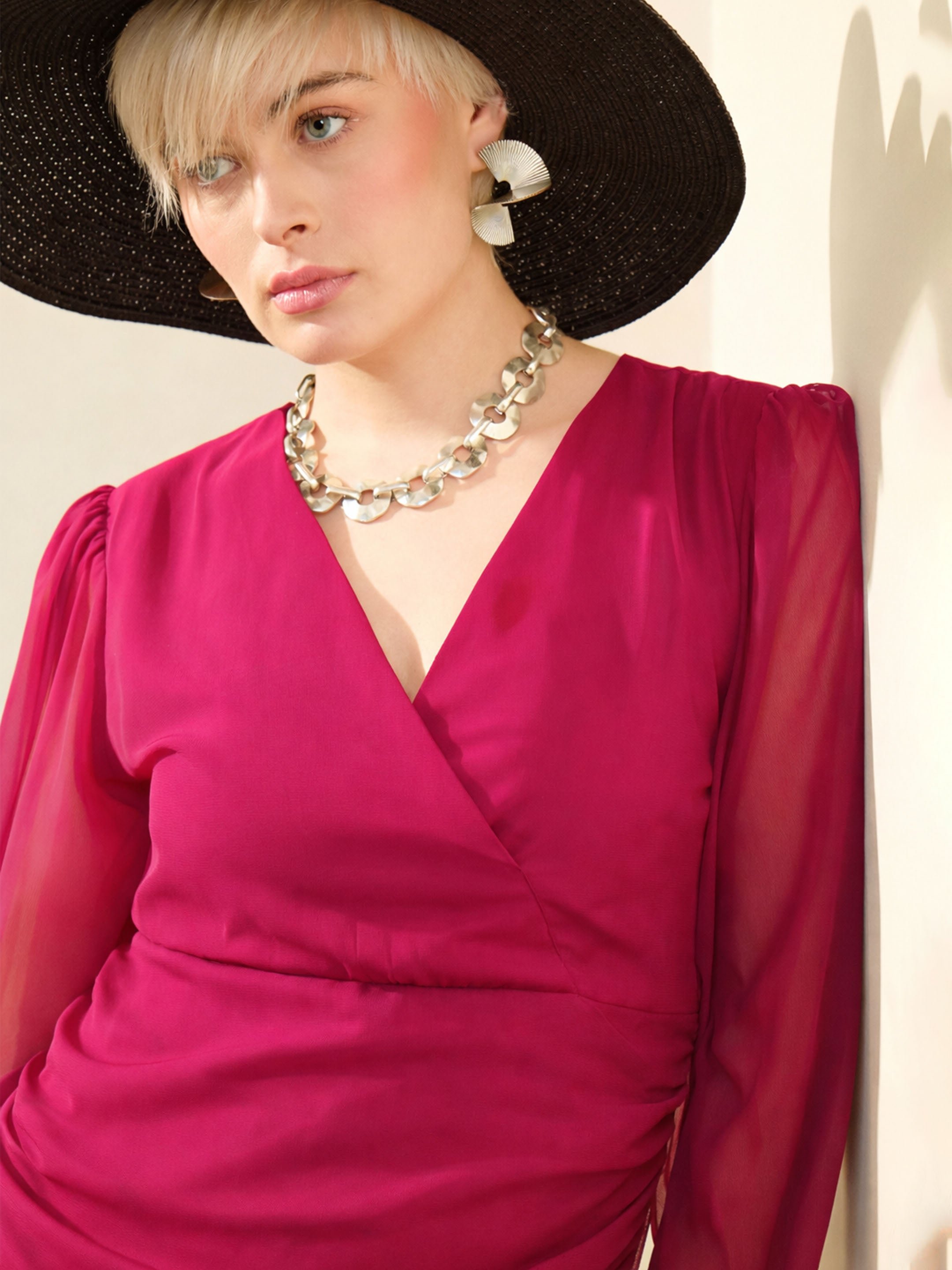Pink Solid Ruffled Hem Midi Dress
