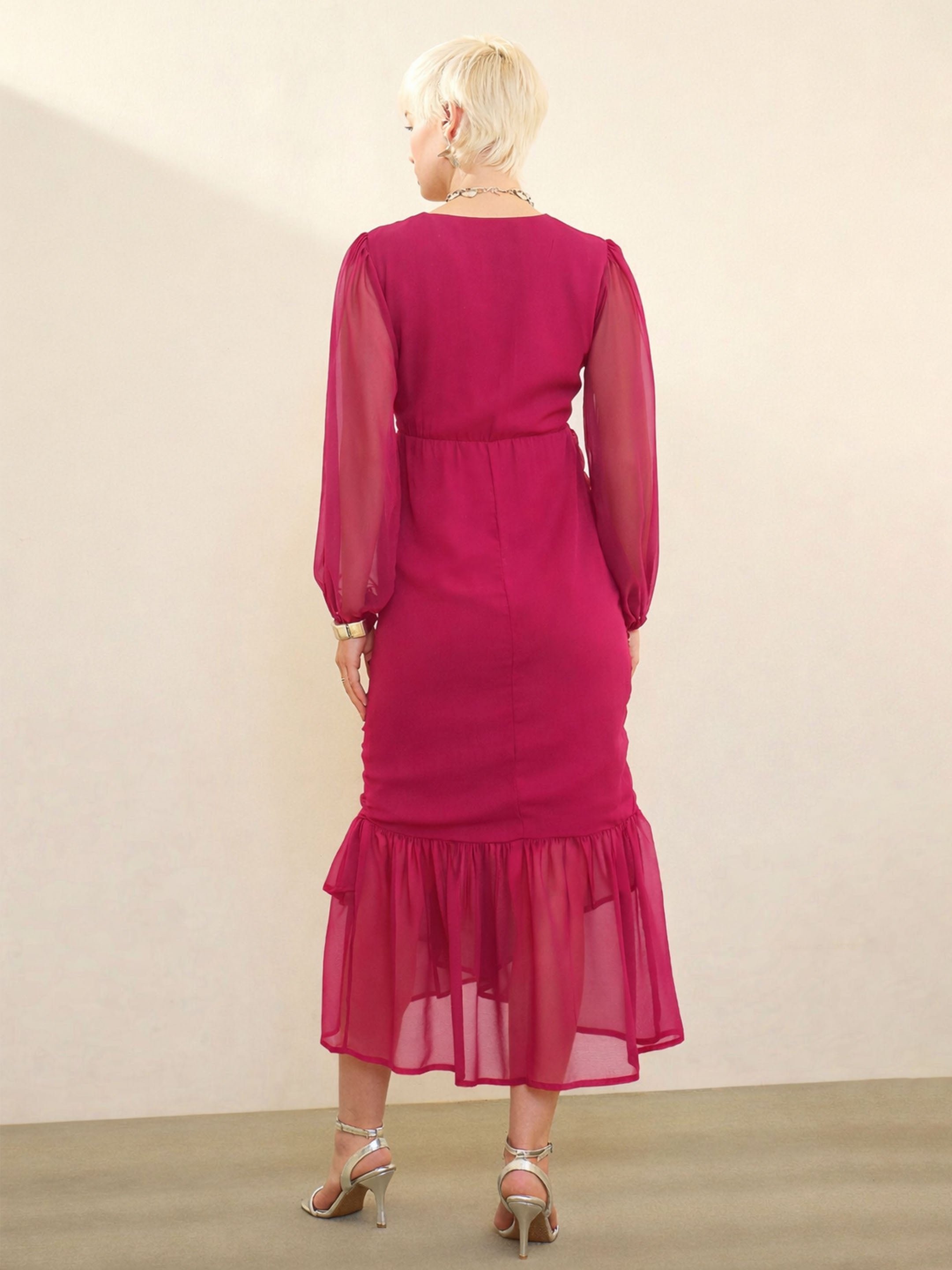 Pink Solid Ruffled Hem Midi Dress