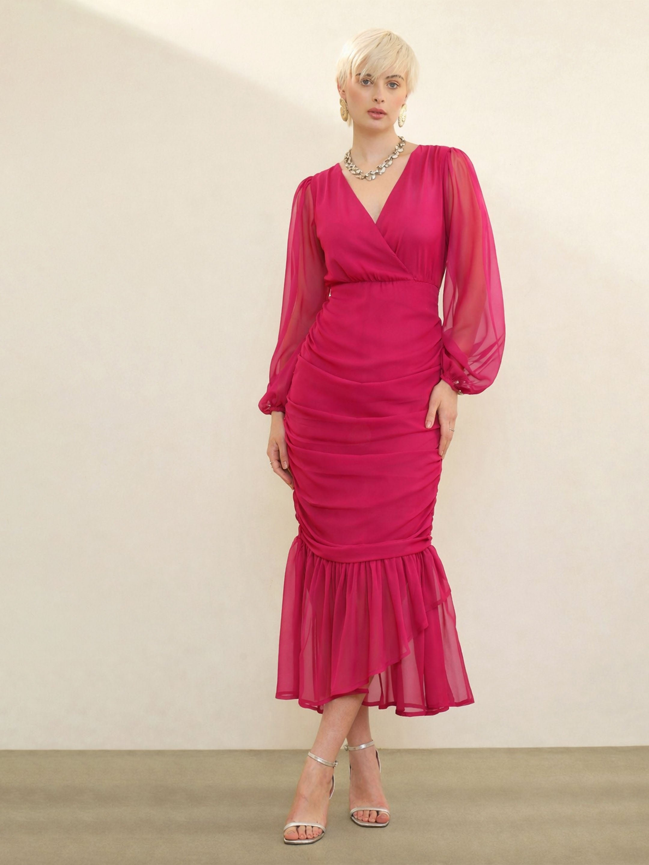 Pink Solid Ruffled Hem Midi Dress