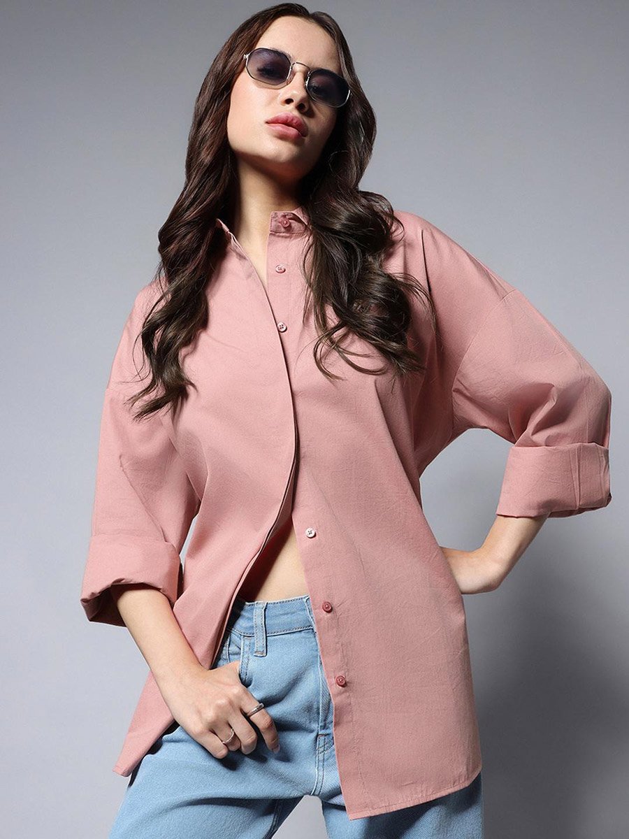 Pink Oversized Solid Button Shirt