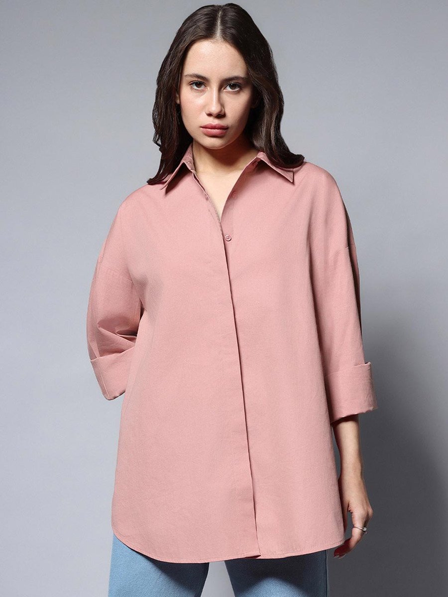 Pink Oversized Solid Button Shirt