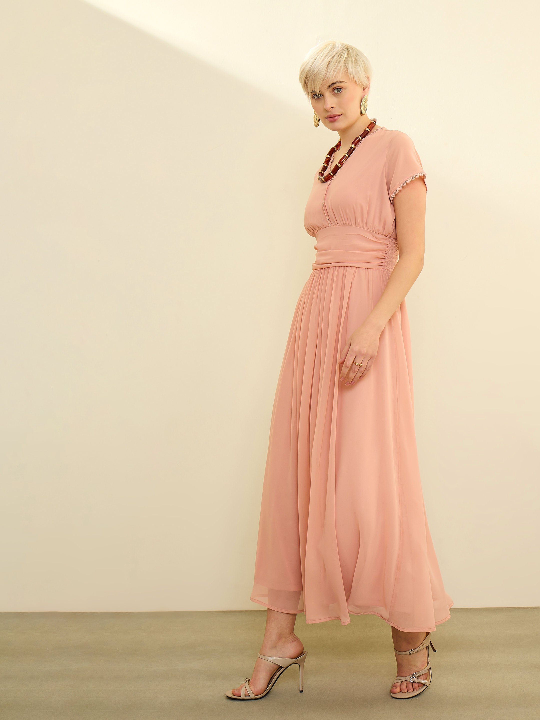 Pink Solid Cap Sleeves Maxi Dress