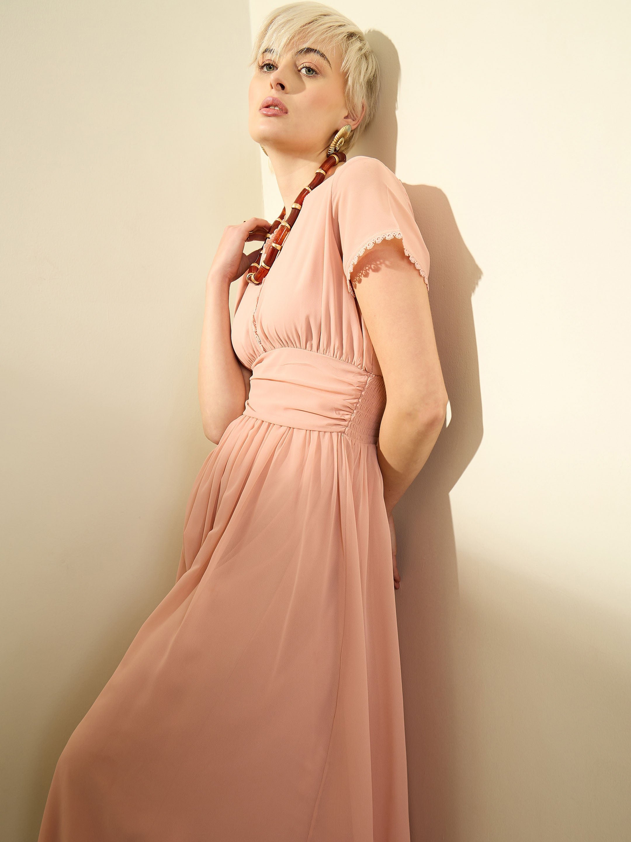 Pink Solid Cap Sleeves Maxi Dress