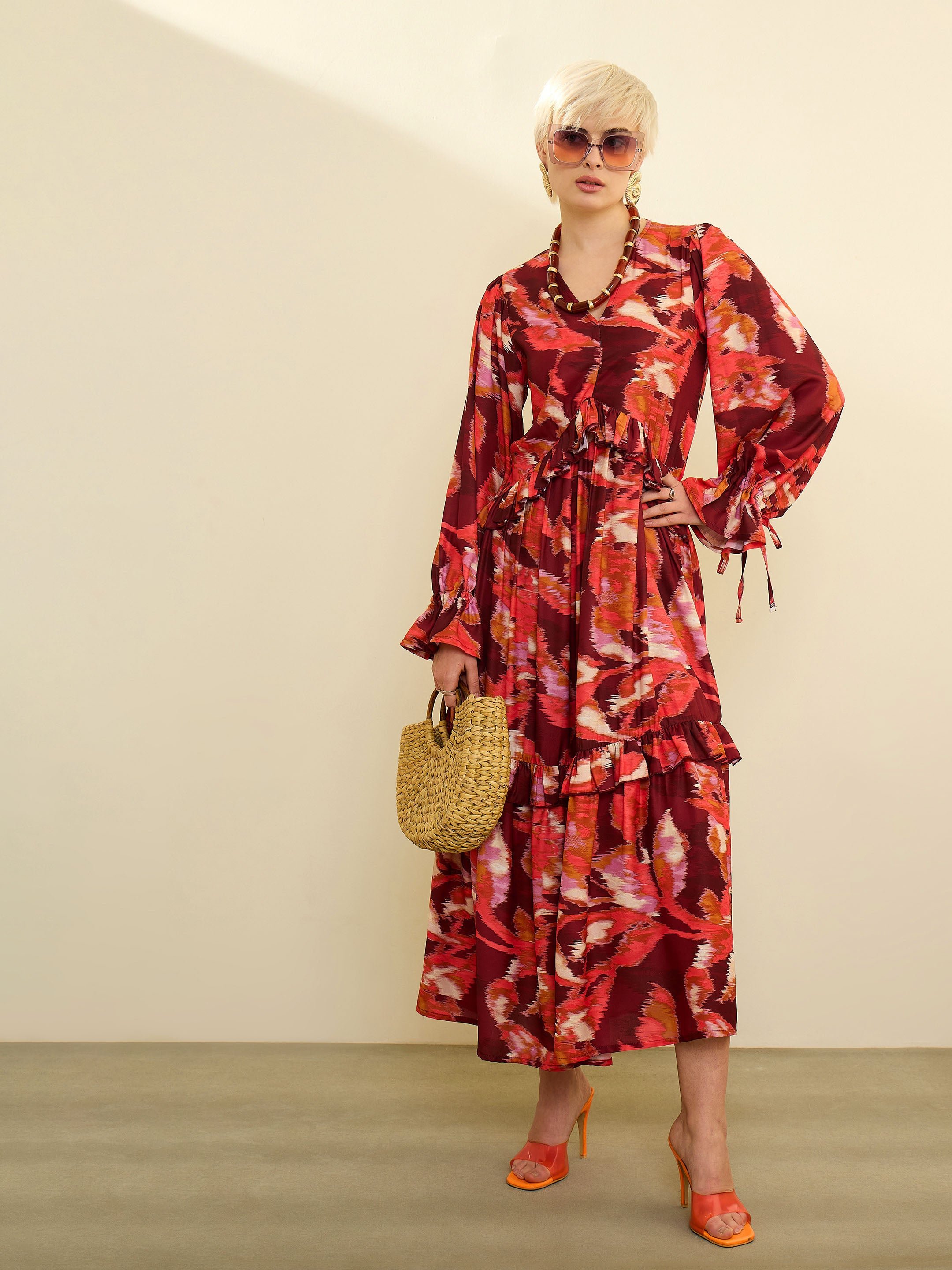 Maroon Printed Front Ruffle Maxi Dress