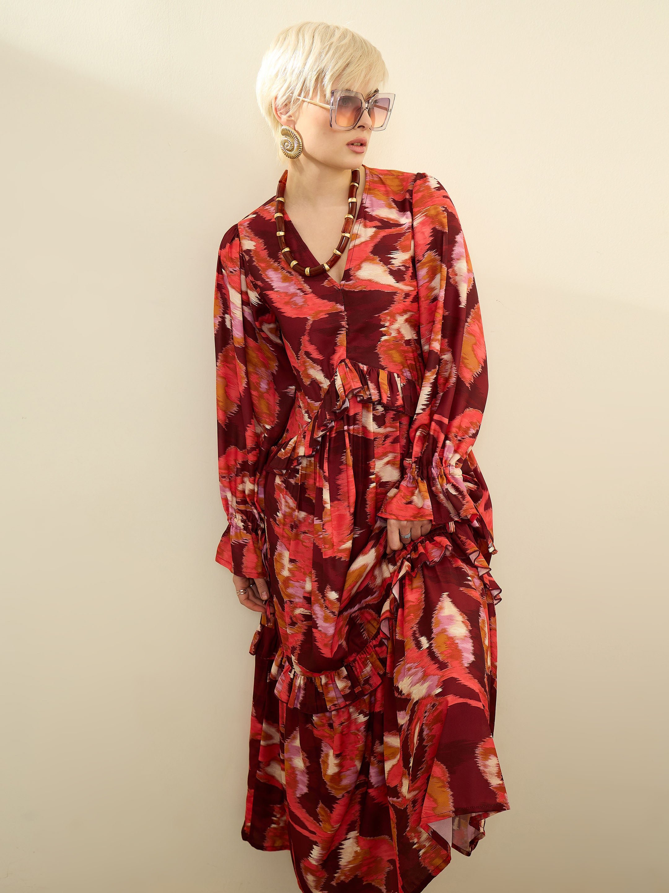 Maroon Printed Front Ruffle Maxi Dress