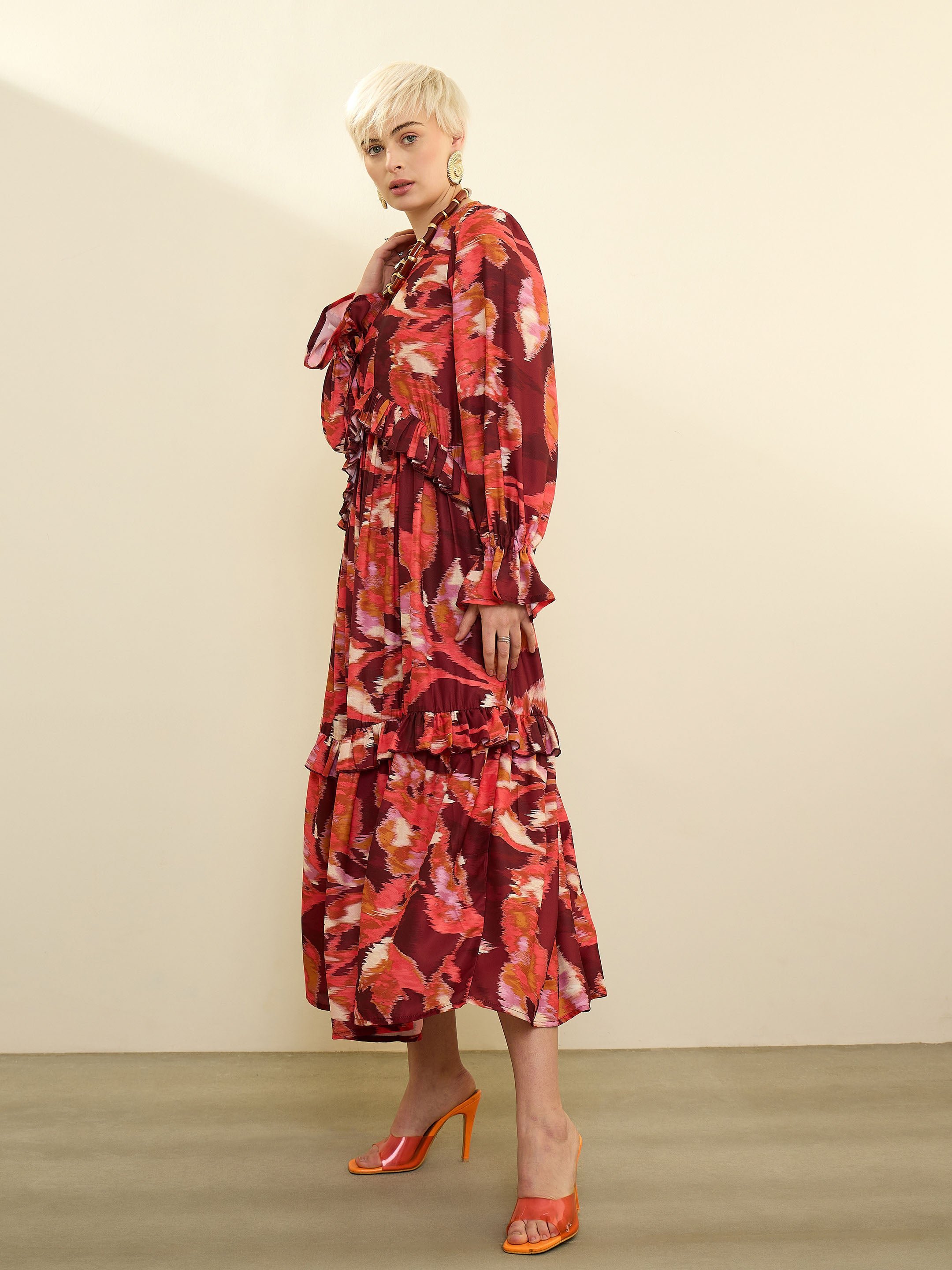 Maroon Printed Front Ruffle Maxi Dress