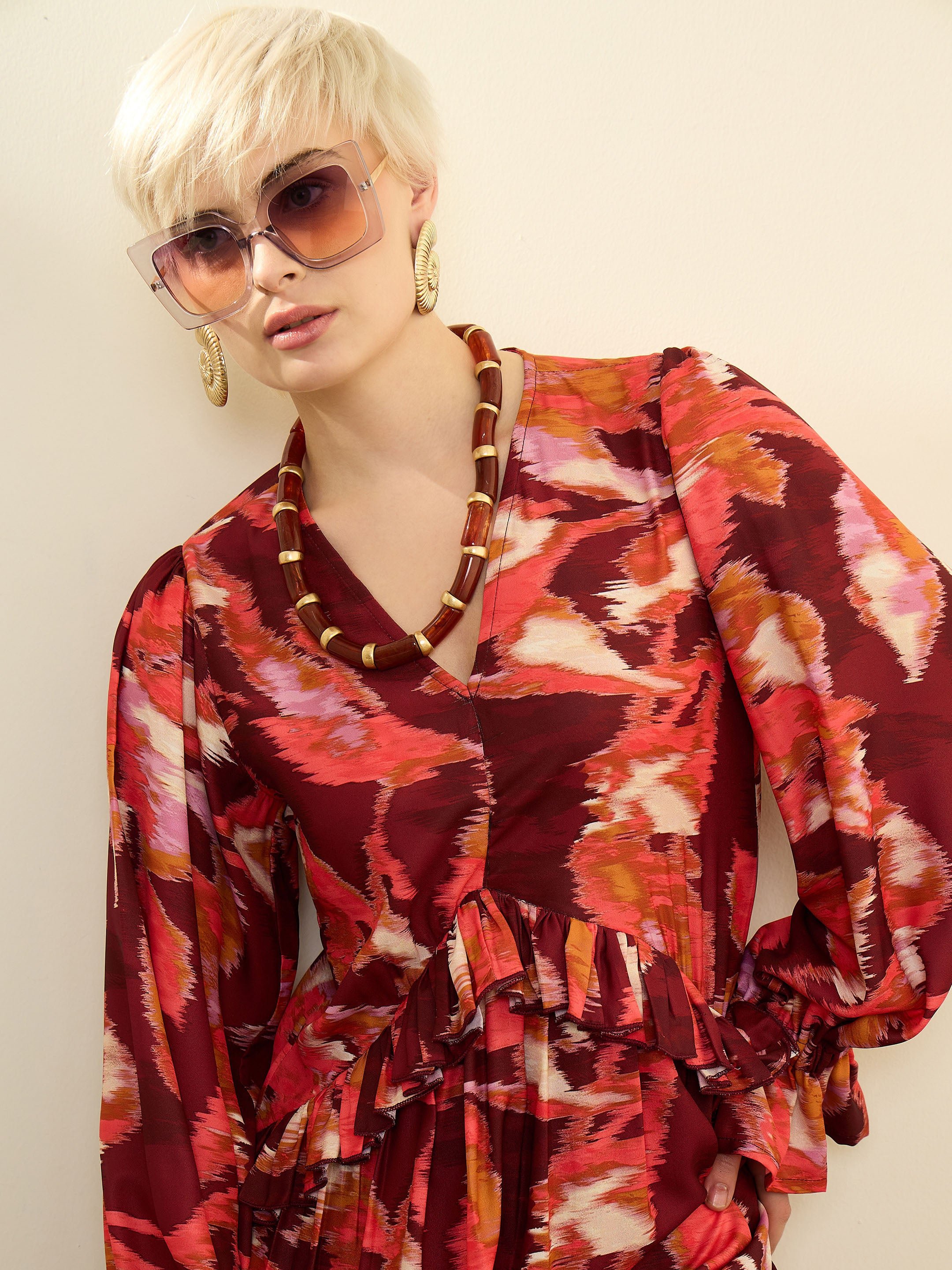 Maroon Printed Front Ruffle Maxi Dress