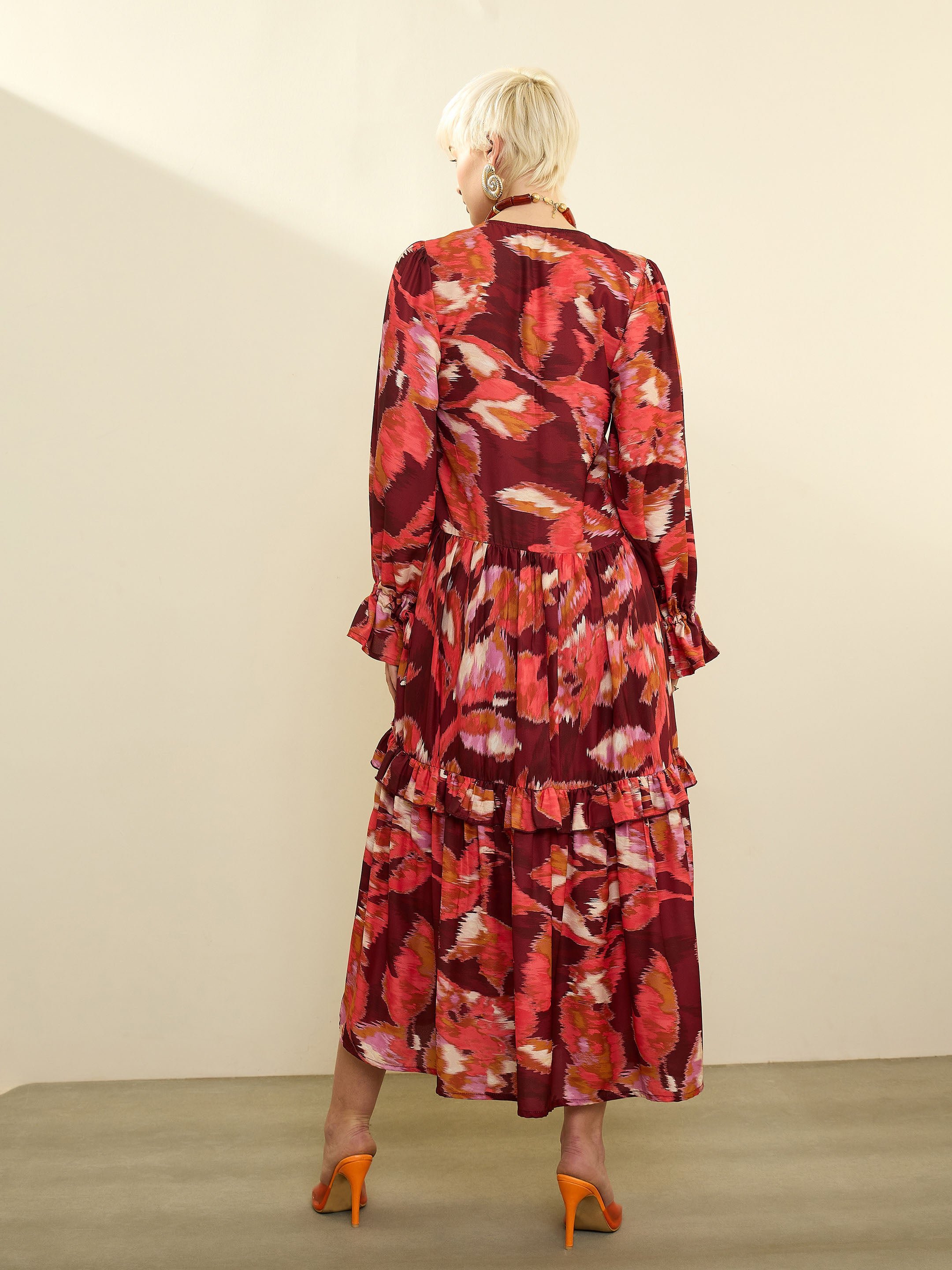 Maroon Printed Front Ruffle Maxi Dress